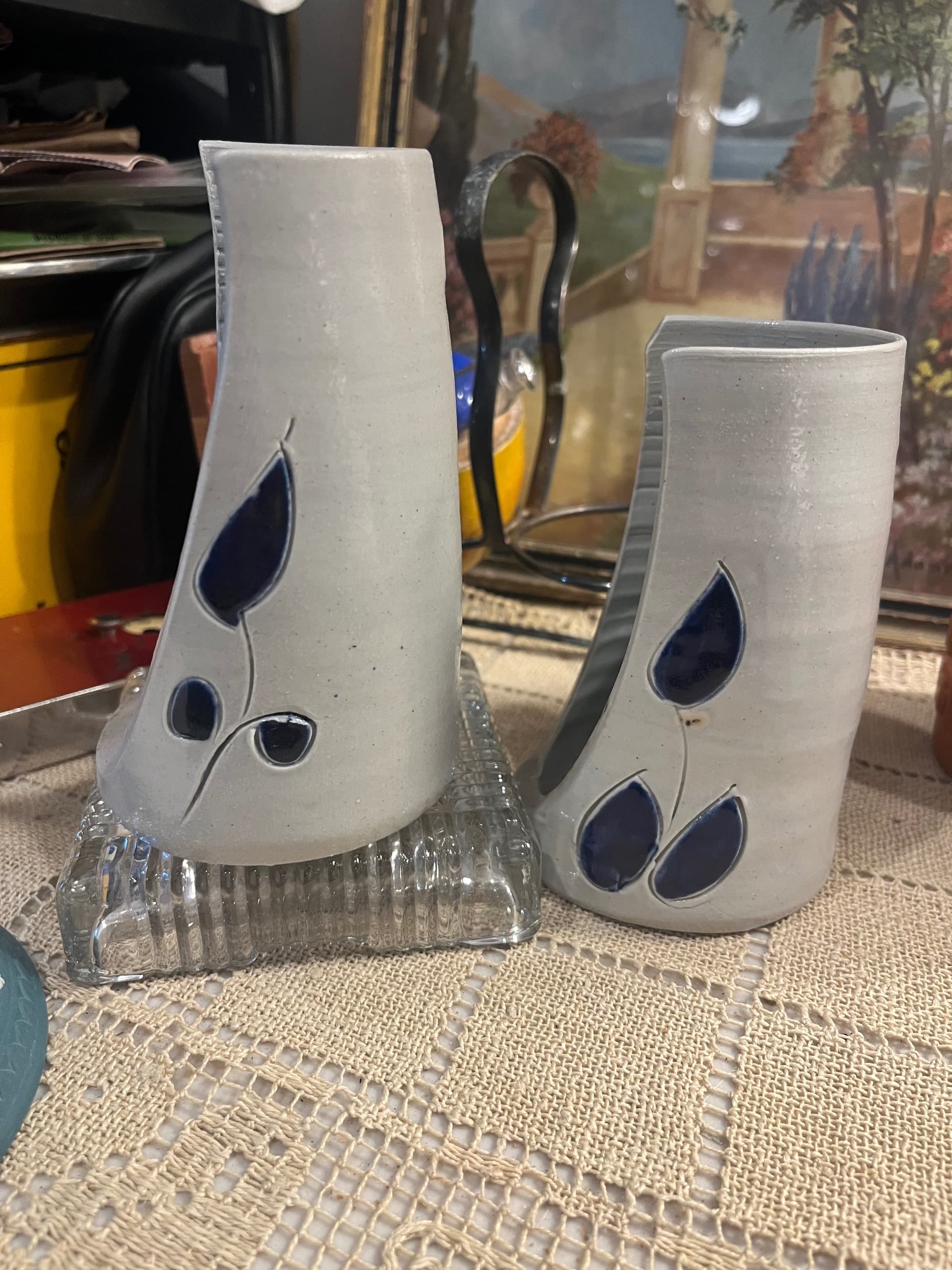 Vintage Williamsburg Pottery Candleholders | Pair Gray Salt Glaze Cobalt Blue Teardrop | 5” Virginia Stoneware - Regular - Thumbnail 5
