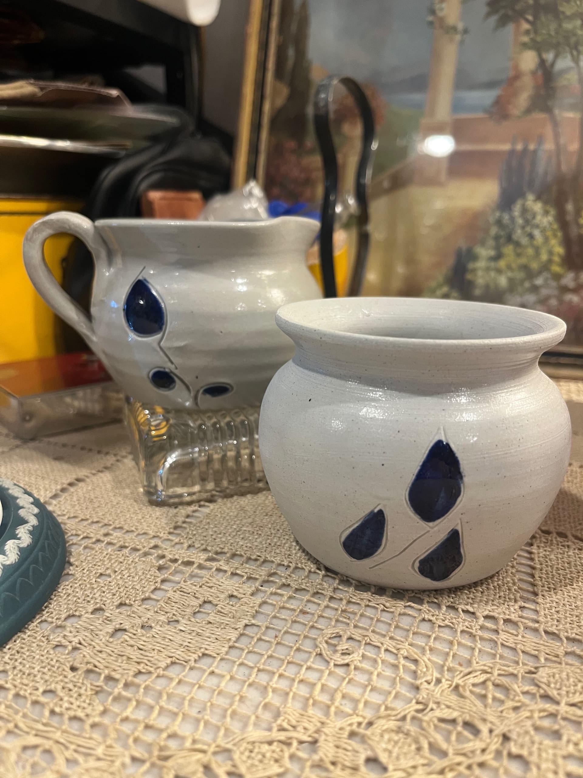 Vintage Williamsburg Pottery Creamer & Sugar Bowl Set | Gray Salt Glaze Cobalt Blue Teardrop | Virginia Stoneware - Regular - Thumbnail 2