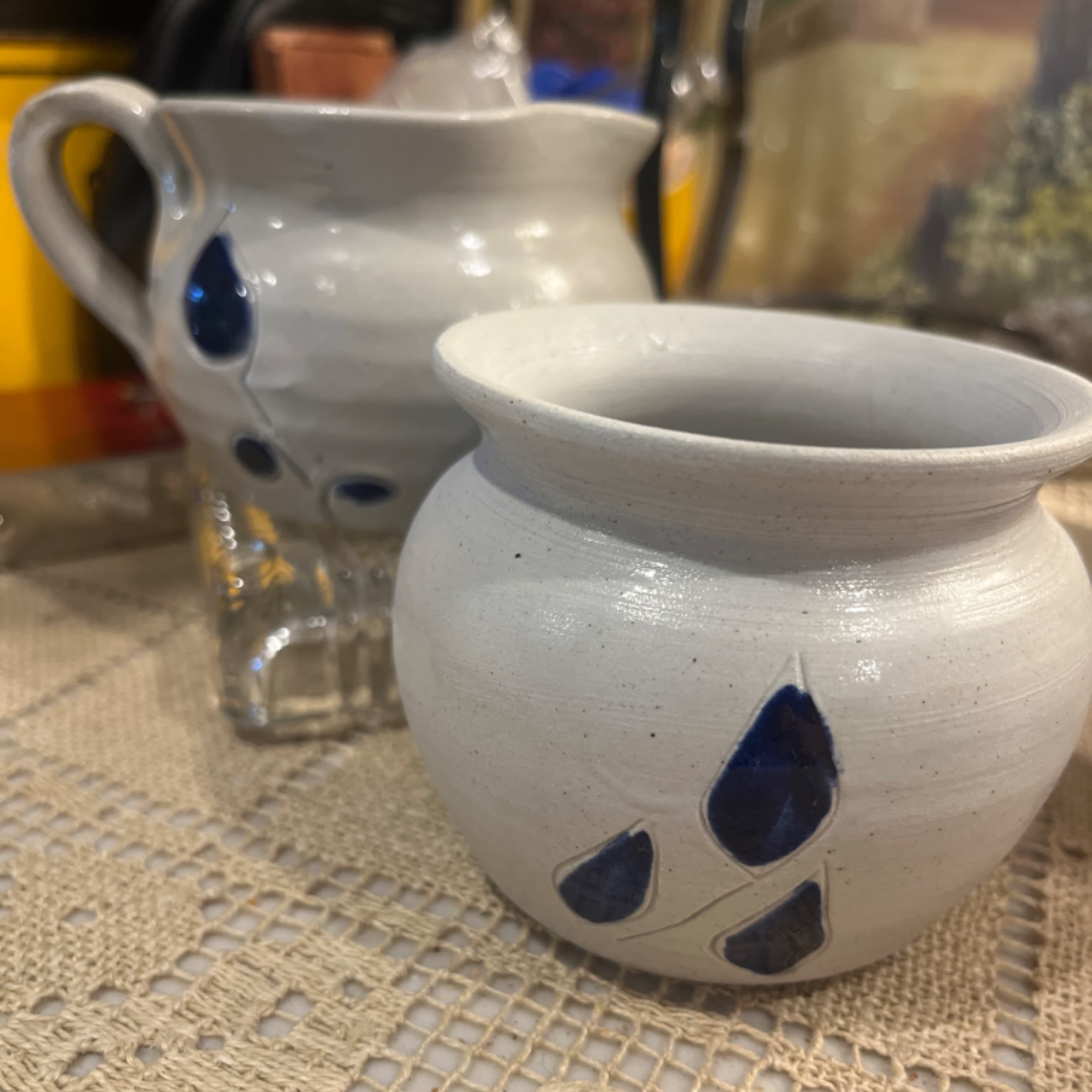 Vintage Williamsburg Pottery Creamer & Sugar Bowl Set | Gray Salt Glaze Cobalt Blue Teardrop | Virginia Stoneware - Regular