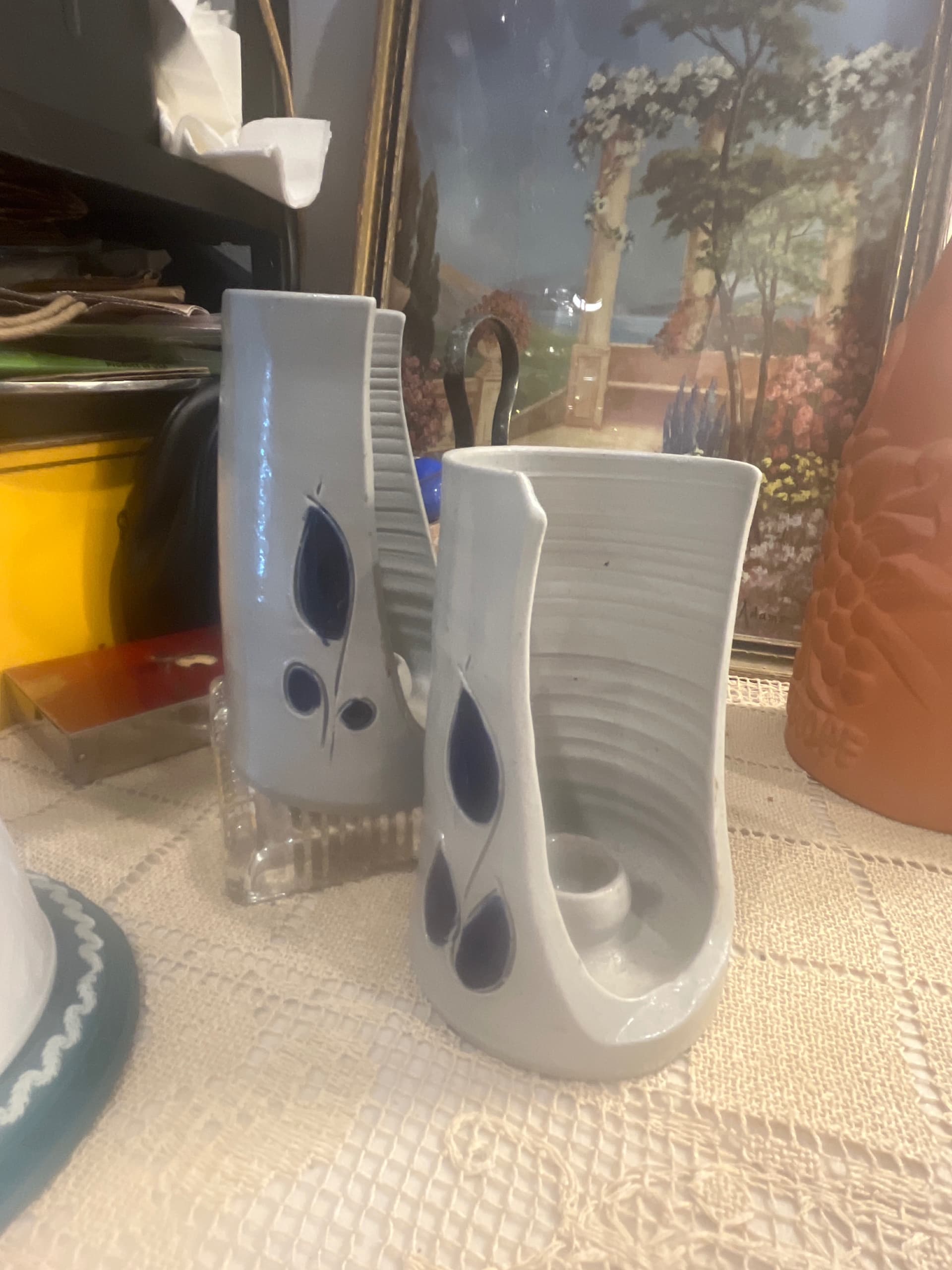 Vintage Williamsburg Pottery Candleholders | Pair Gray Salt Glaze Cobalt Blue Teardrop | 5” Virginia Stoneware - Regular - Thumbnail 8