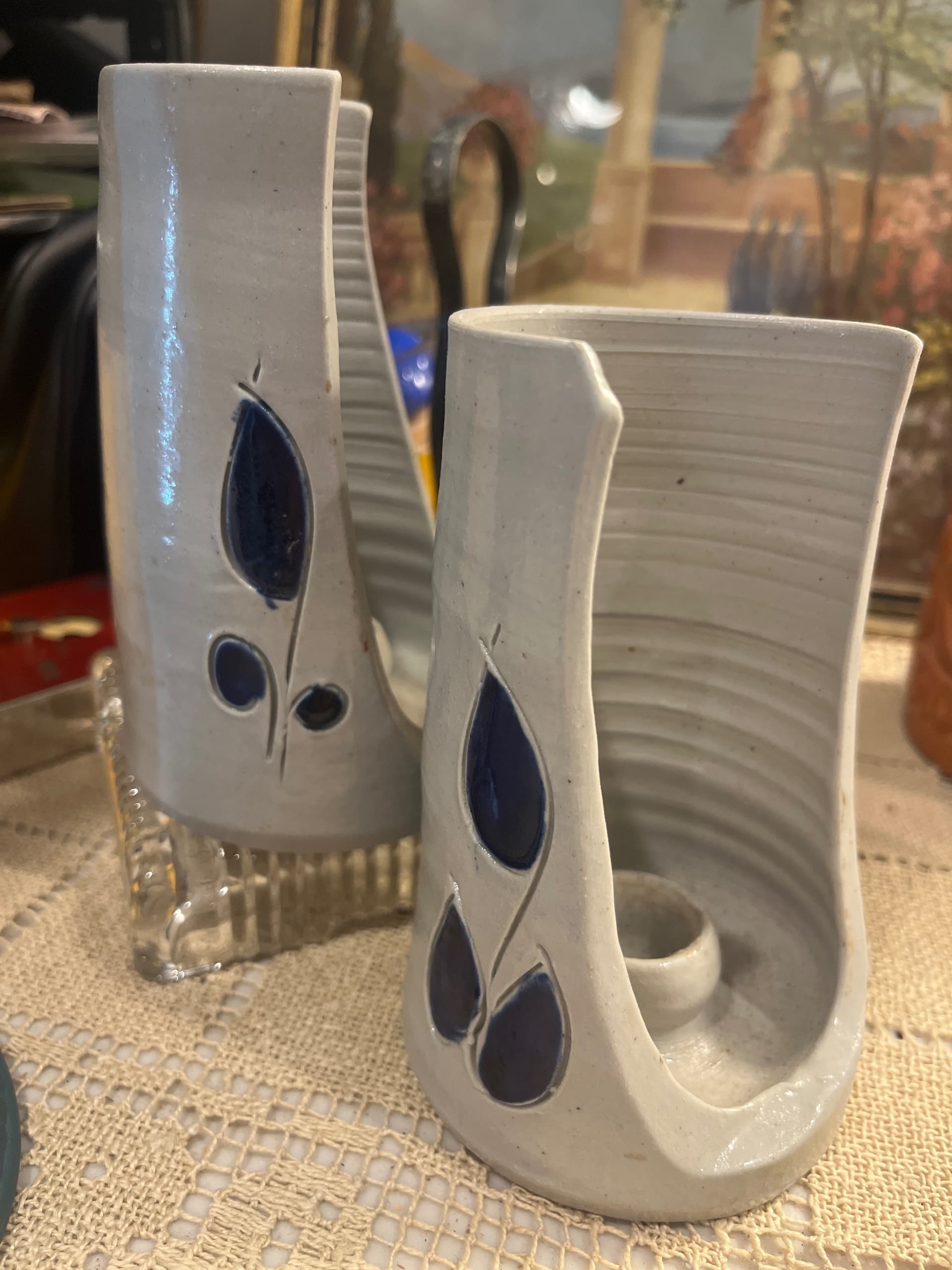 Vintage Williamsburg Pottery Candleholders | Pair Gray Salt Glaze Cobalt Blue Teardrop | 5” Virginia Stoneware - Regular - Thumbnail 9