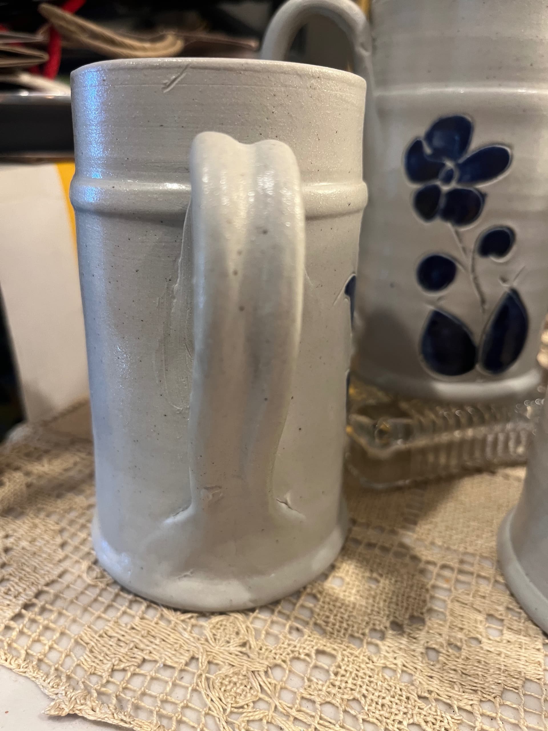 Vintage Williamsburg Pottery Set of 4 Mugs | Gray Salt Glaze Cobalt Blue Floral | 5” Virginia Stoneware - Regular - Thumbnail 4