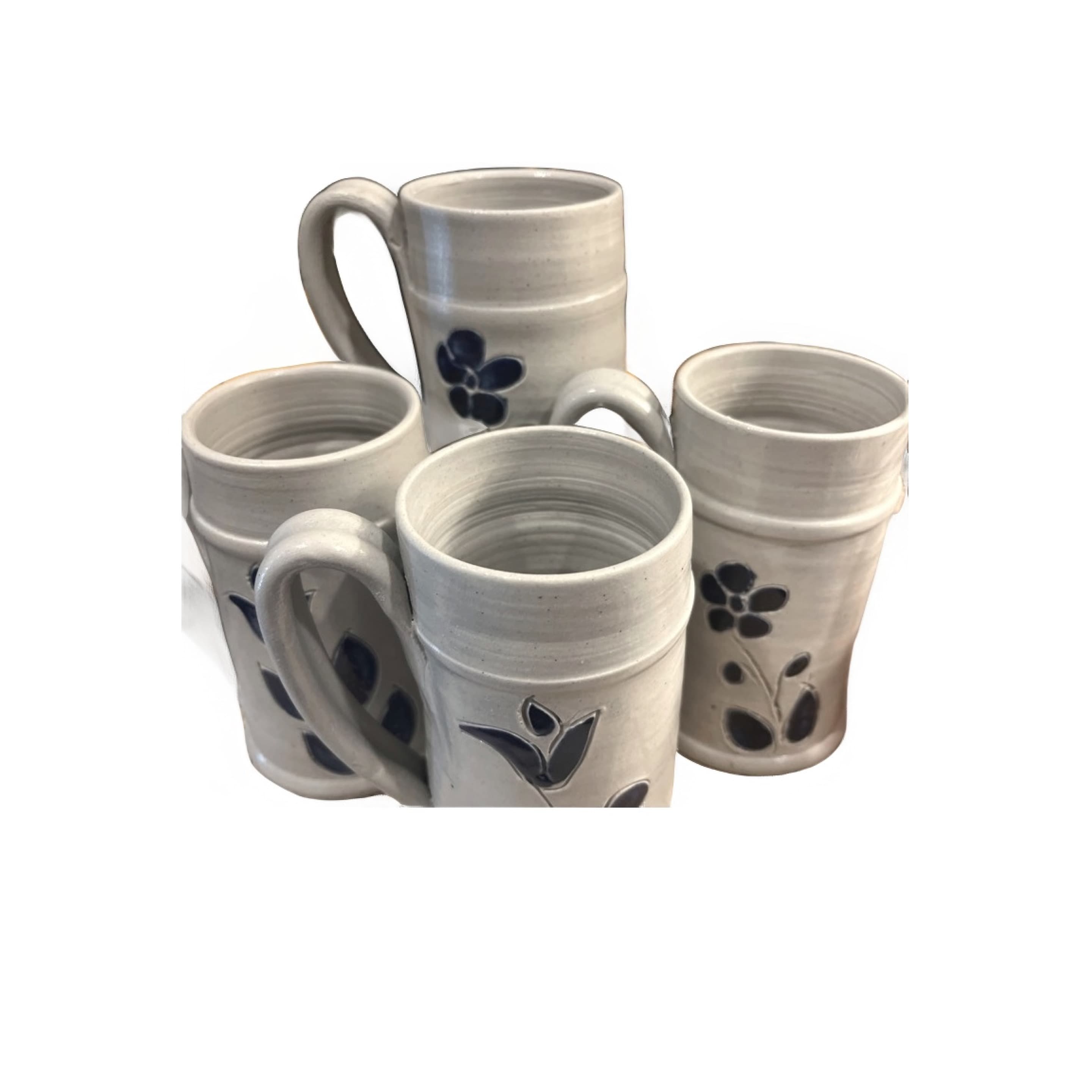 Vintage Williamsburg Pottery Set of 4 Mugs | Gray Salt Glaze Cobalt Blue Floral | 5” Virginia Stoneware - Regular