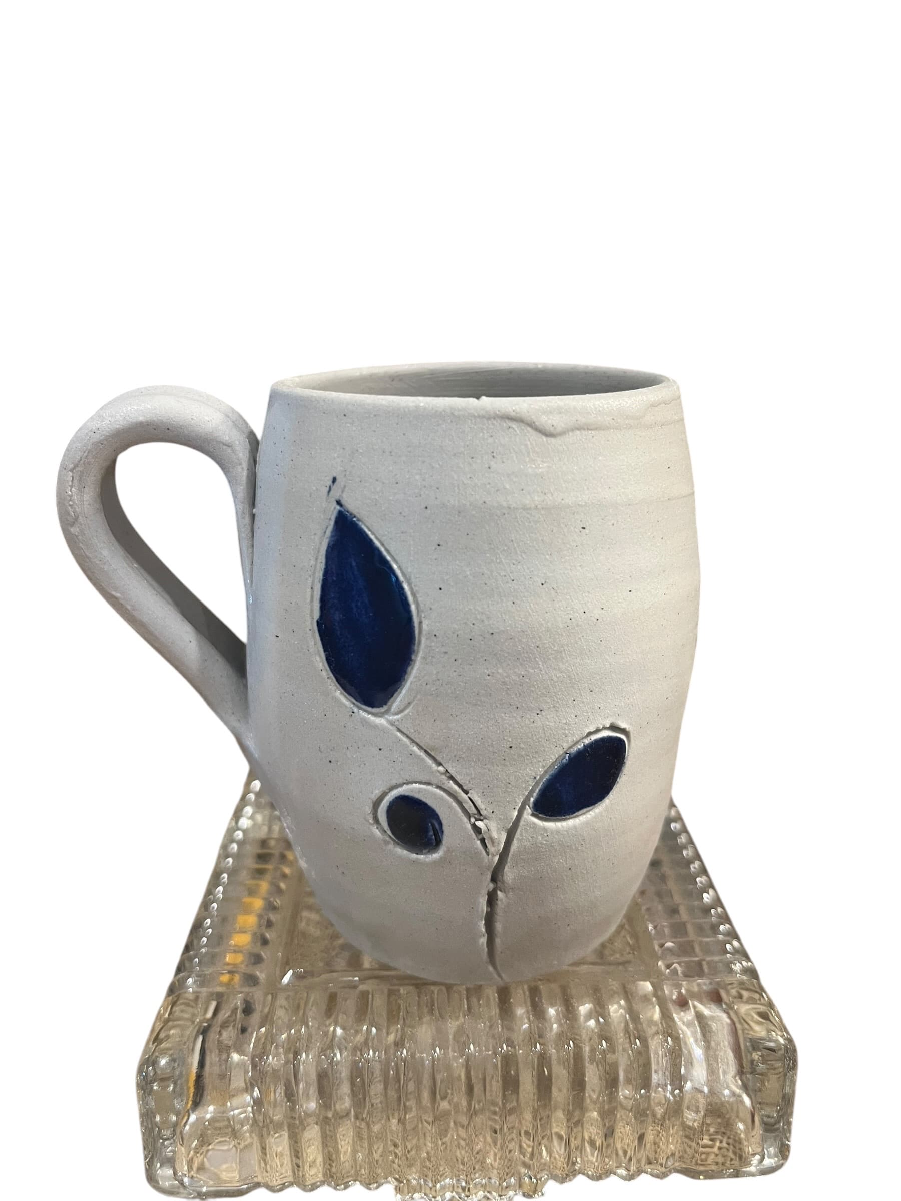 Vintage Williamsburg Pottery Small Mug | Gray Salt Glaze Cobalt Blue Teardrop Leaf | 3” Virginia Stoneware - Regular - Thumbnail 2