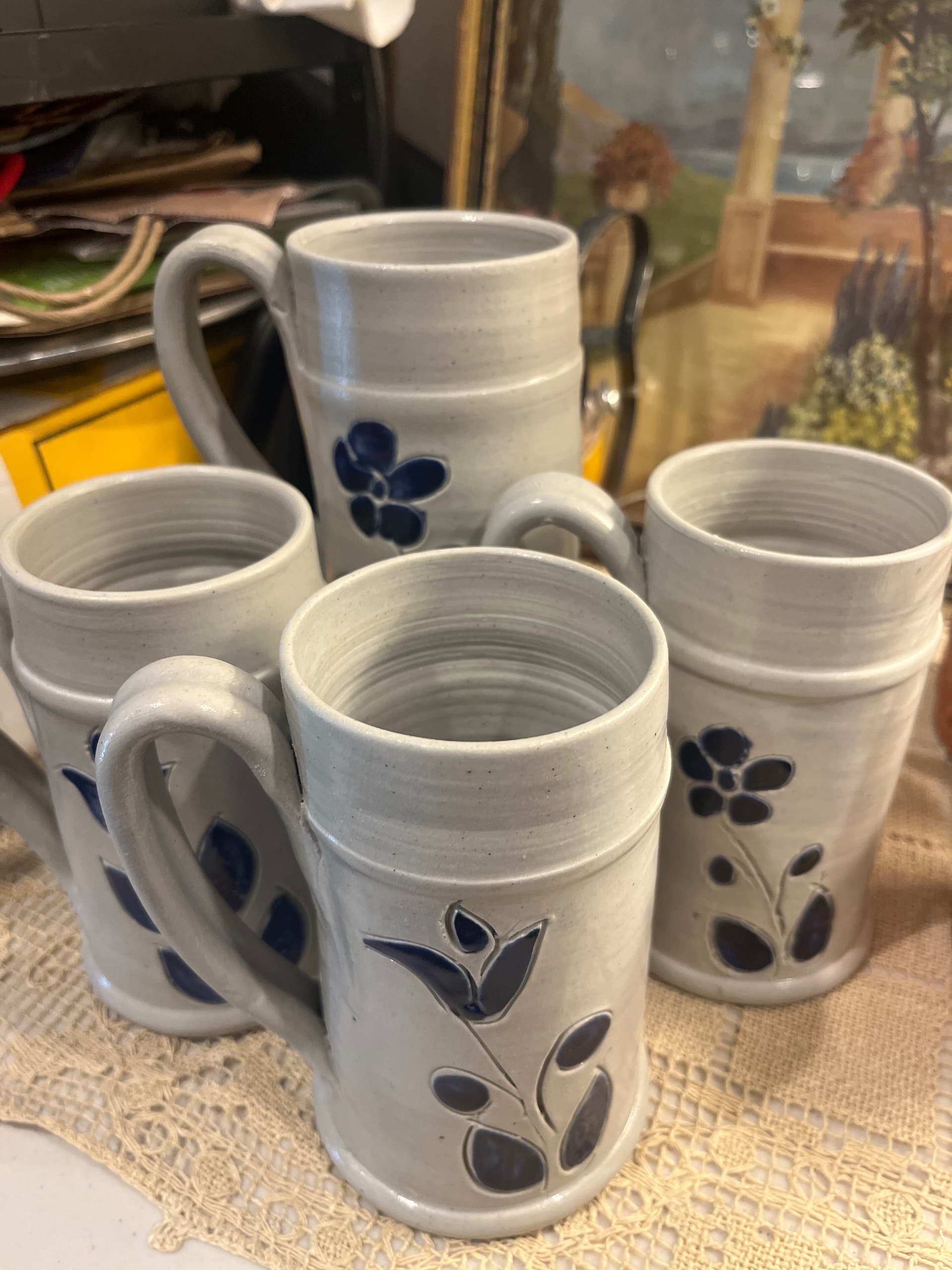 Vintage Williamsburg Pottery Set of 4 Mugs | Gray Salt Glaze Cobalt Blue Floral | 5” Virginia Stoneware - Regular - Thumbnail 8