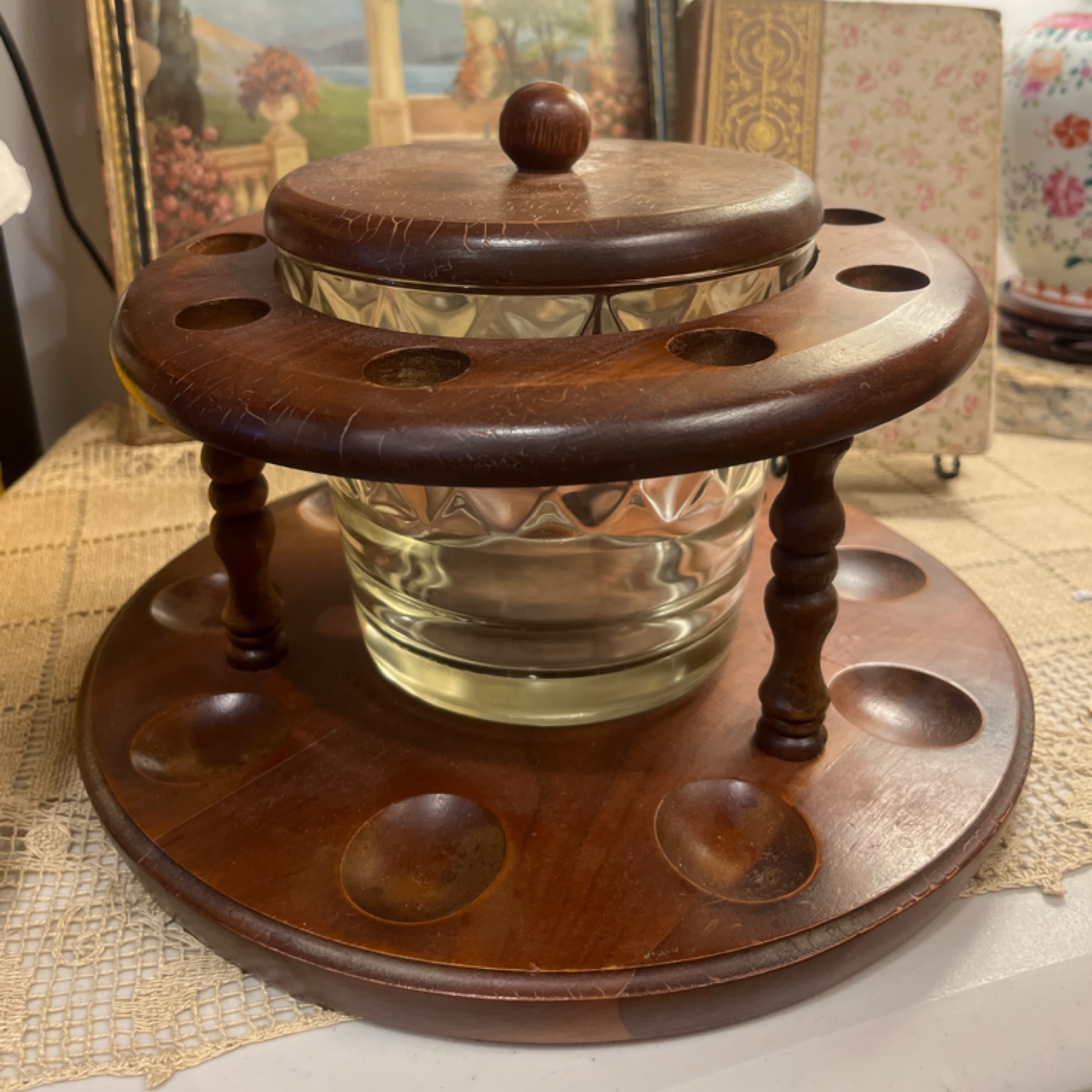 Vintage Wooden Pipe Stand with a Glass Humidor and Lid - Regular - Thumbnail 6