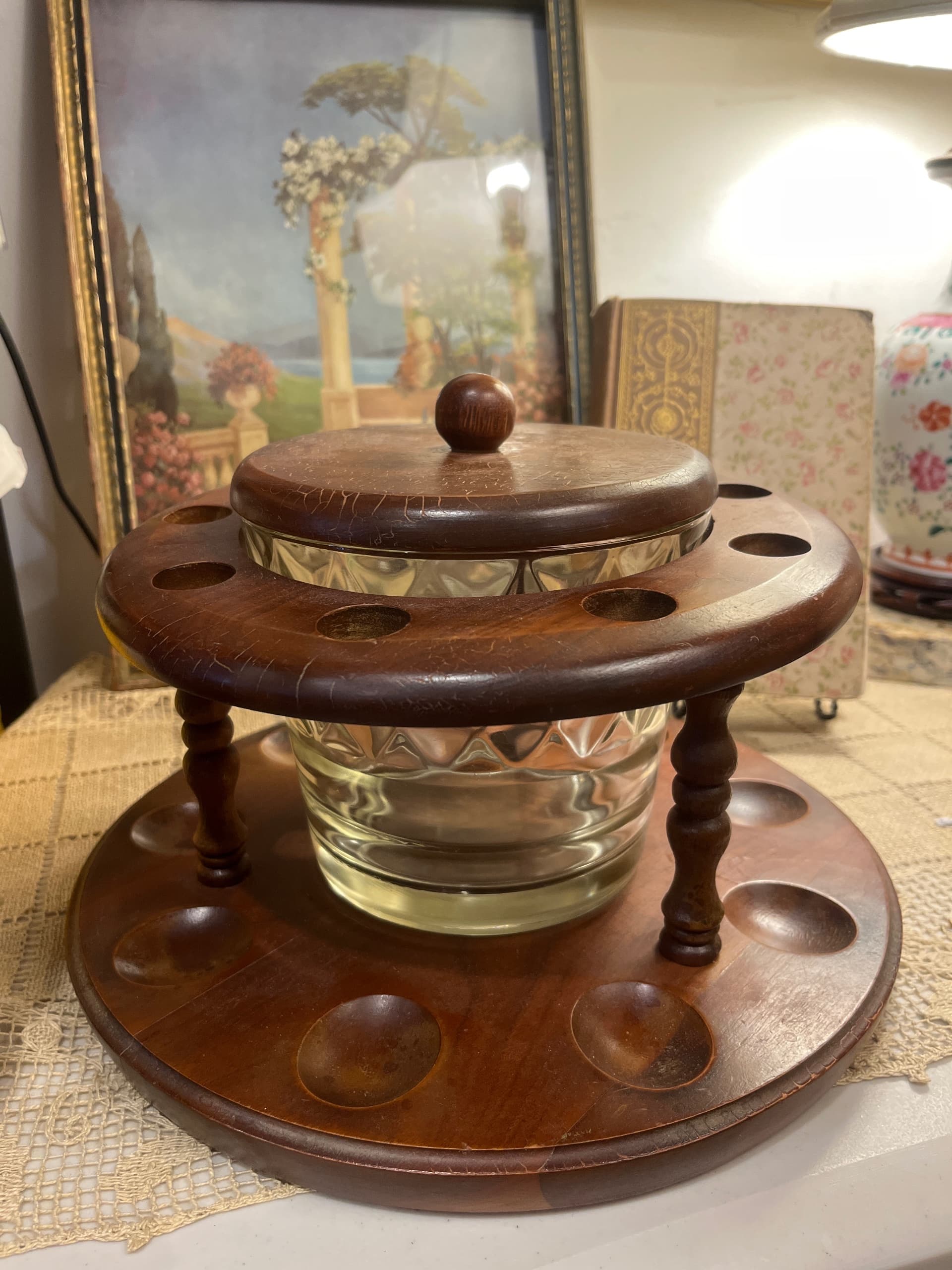 Vintage Wooden Pipe Stand with a Glass Humidor and Lid - Regular - Thumbnail 8