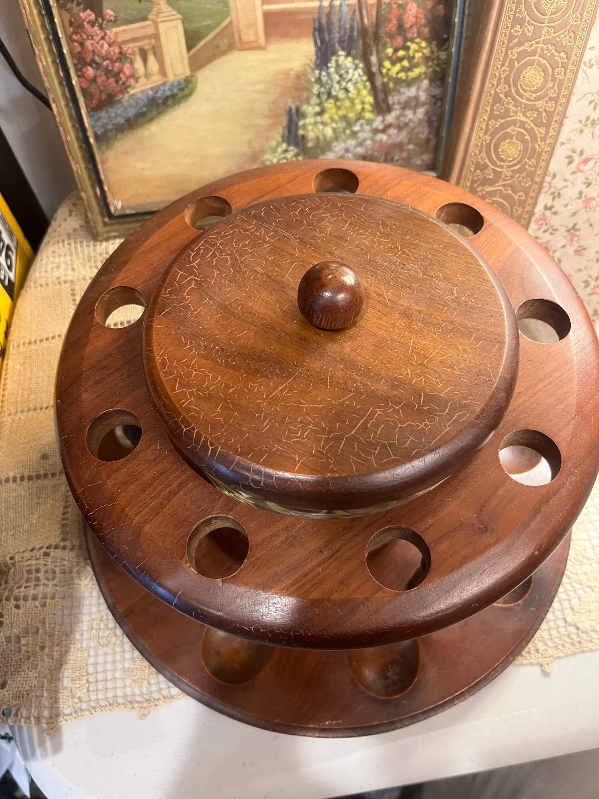 Vintage Wooden Pipe Stand with a Glass Humidor and Lid - Regular - Thumbnail 7