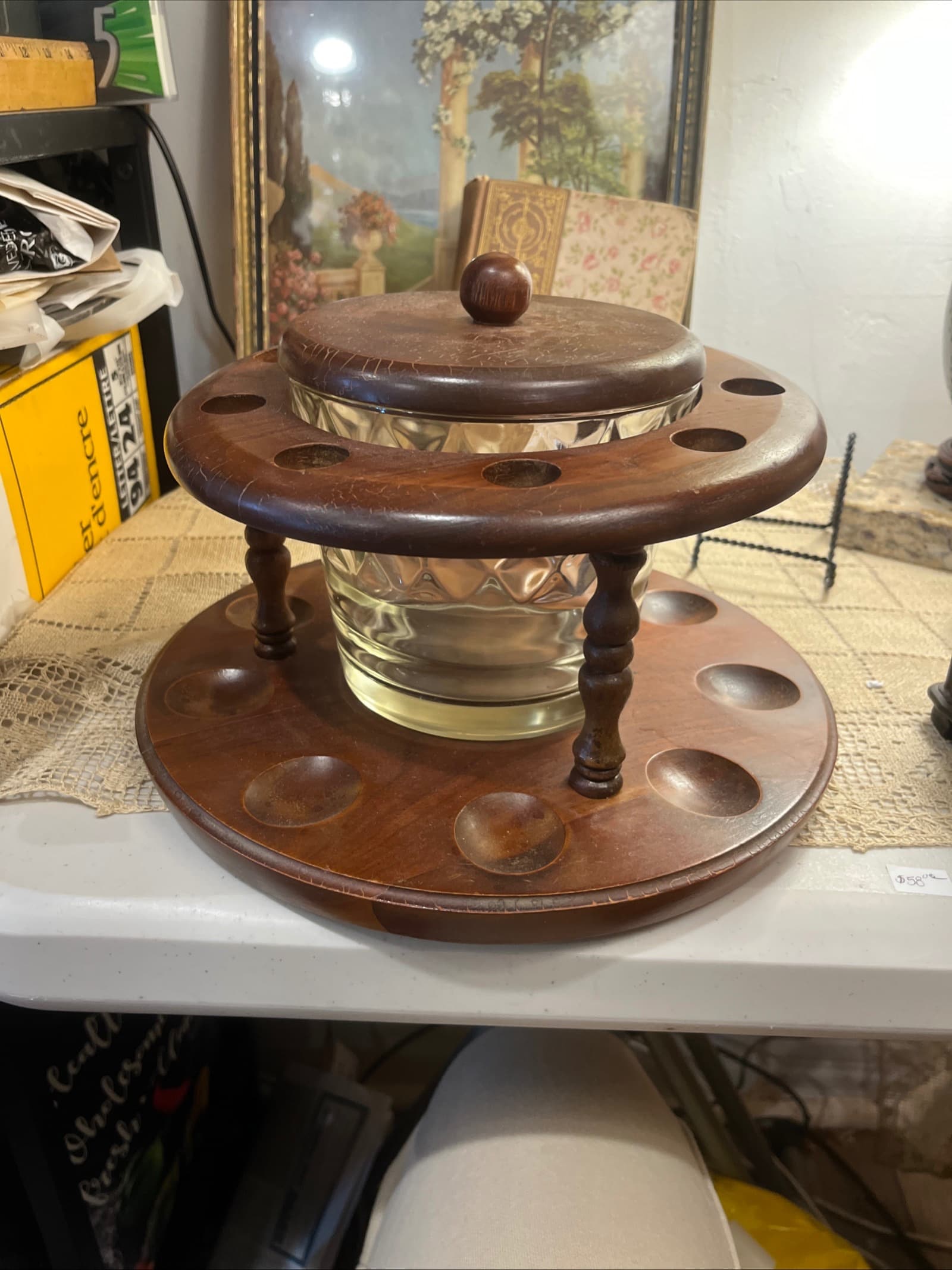 Vintage Wooden Pipe Stand with a Glass Humidor and Lid - Regular - Thumbnail 5