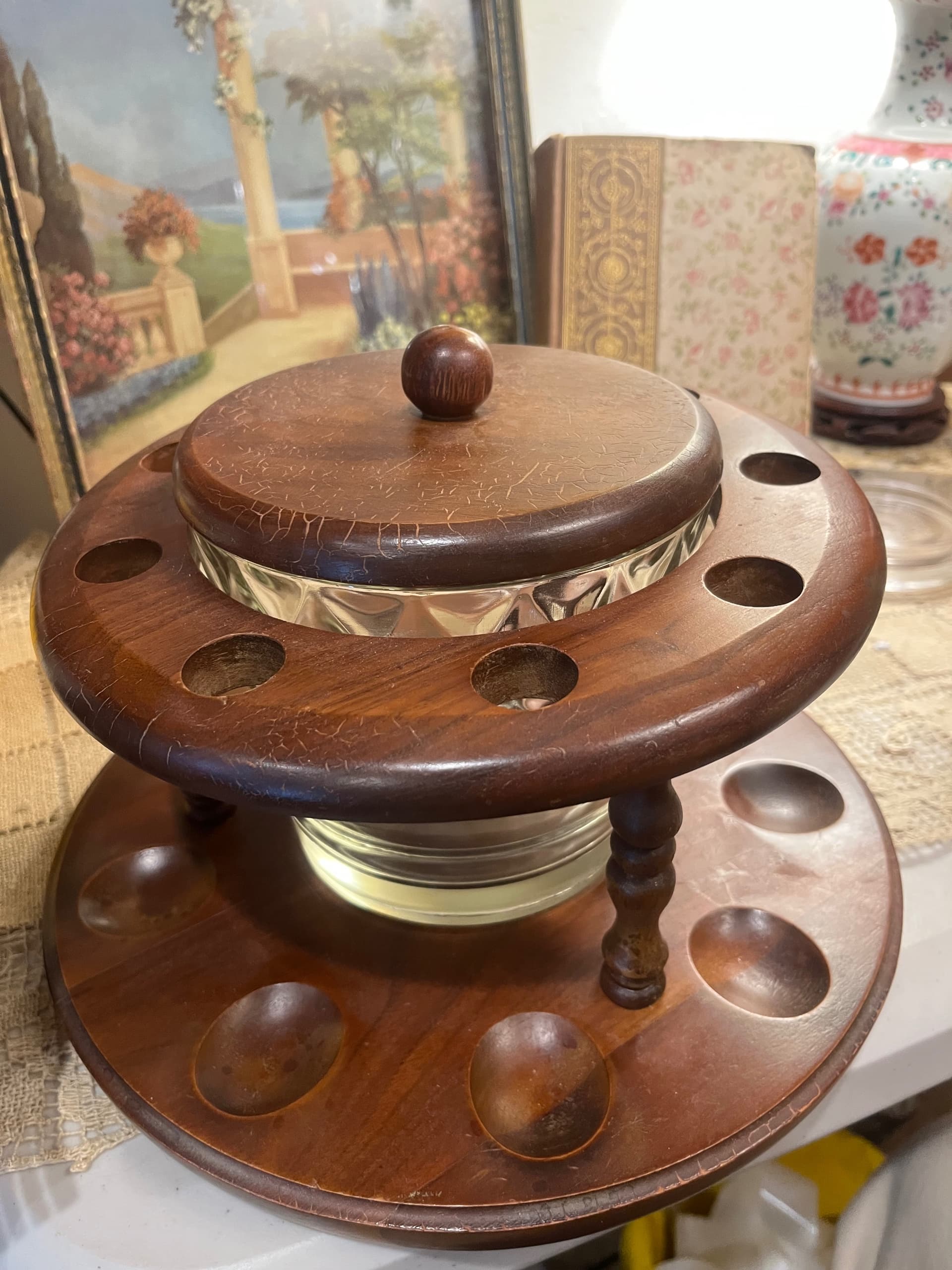 Vintage Wooden Pipe Stand with a Glass Humidor and Lid - Regular - Thumbnail 3
