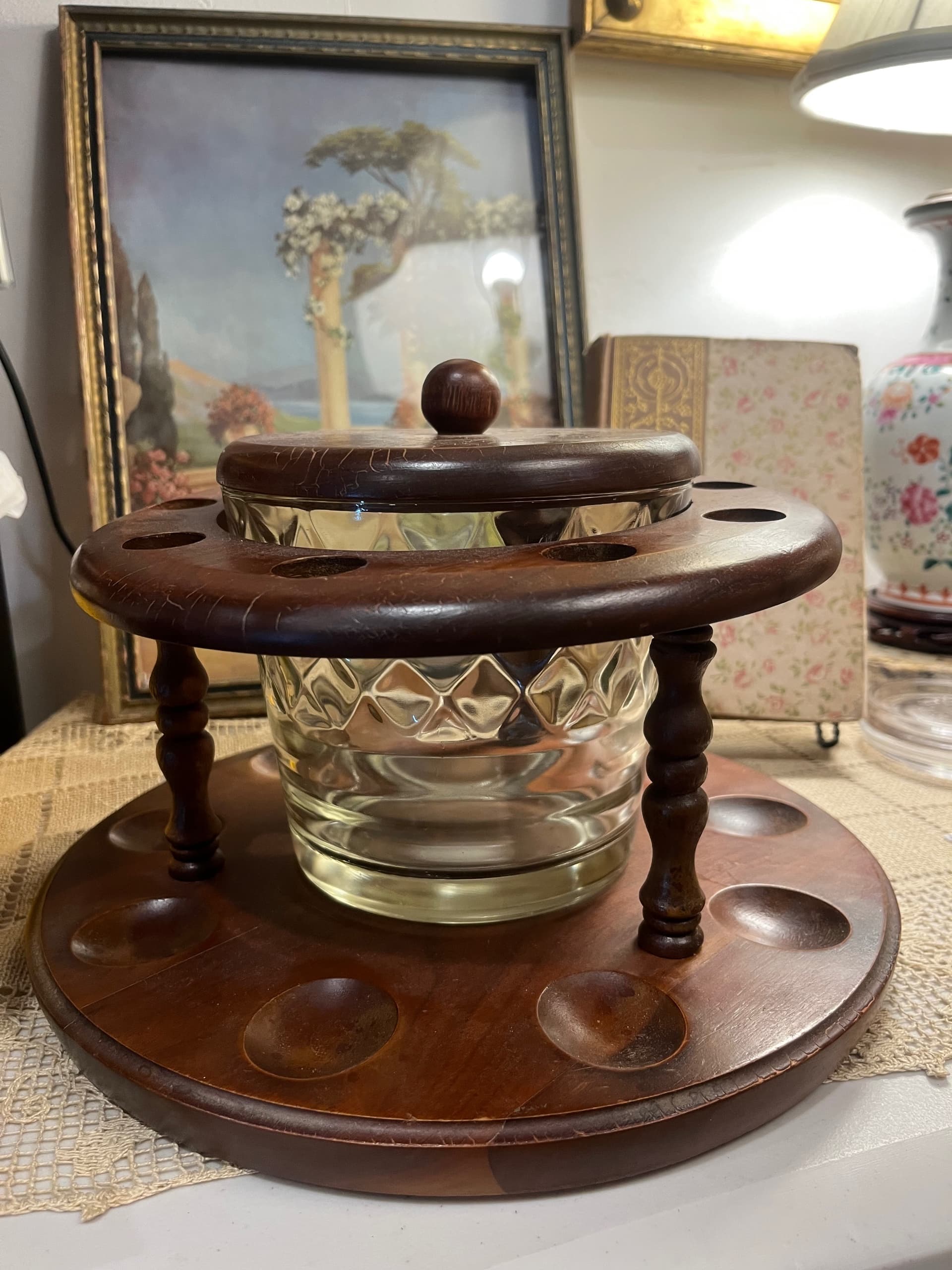 Vintage Wooden Pipe Stand with a Glass Humidor and Lid - Regular - Thumbnail 10