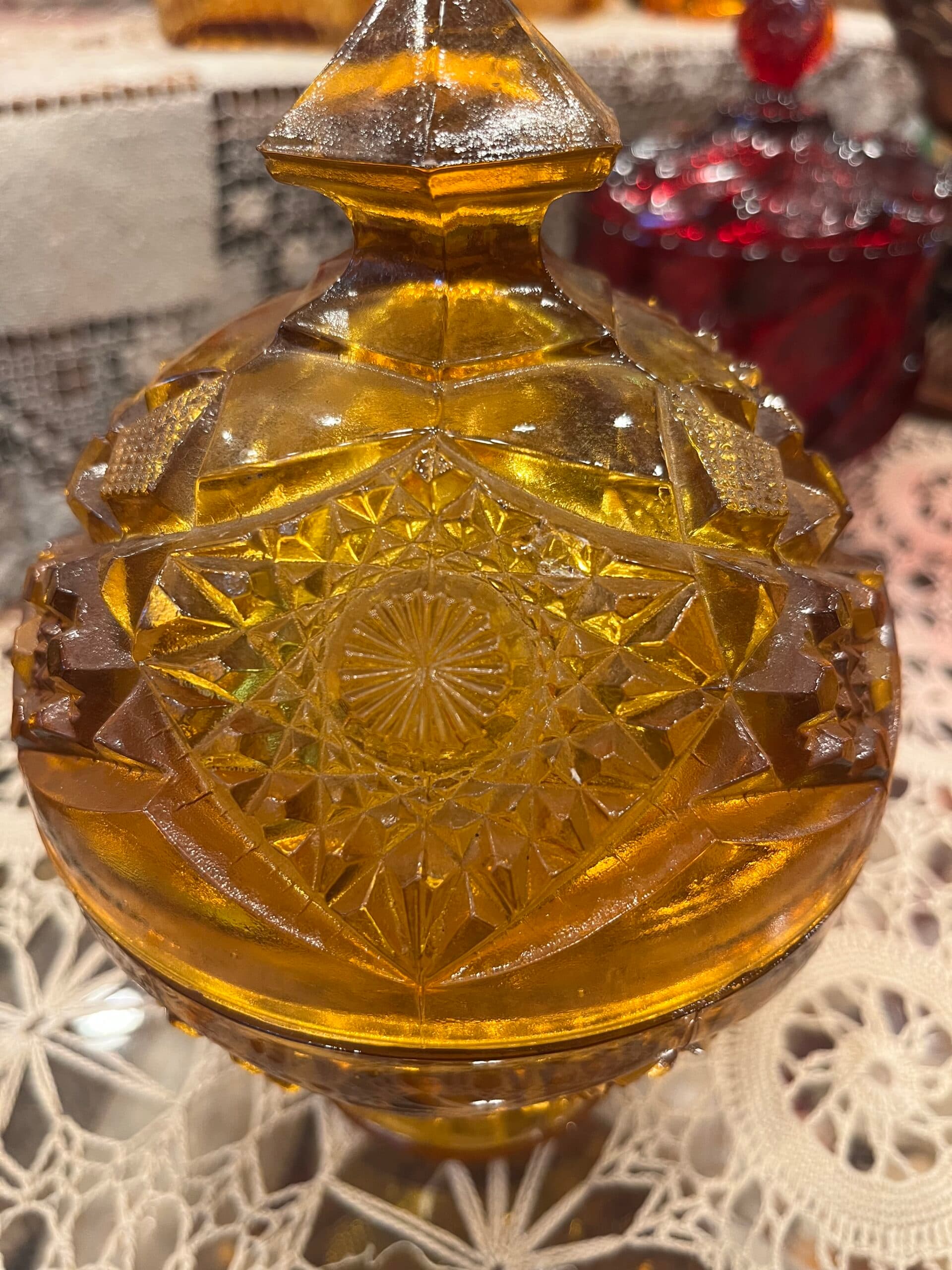 Amber Pressed Glass Hobstar & Flora Pattern Lidded Candy Dish - Regular - Thumbnail 5