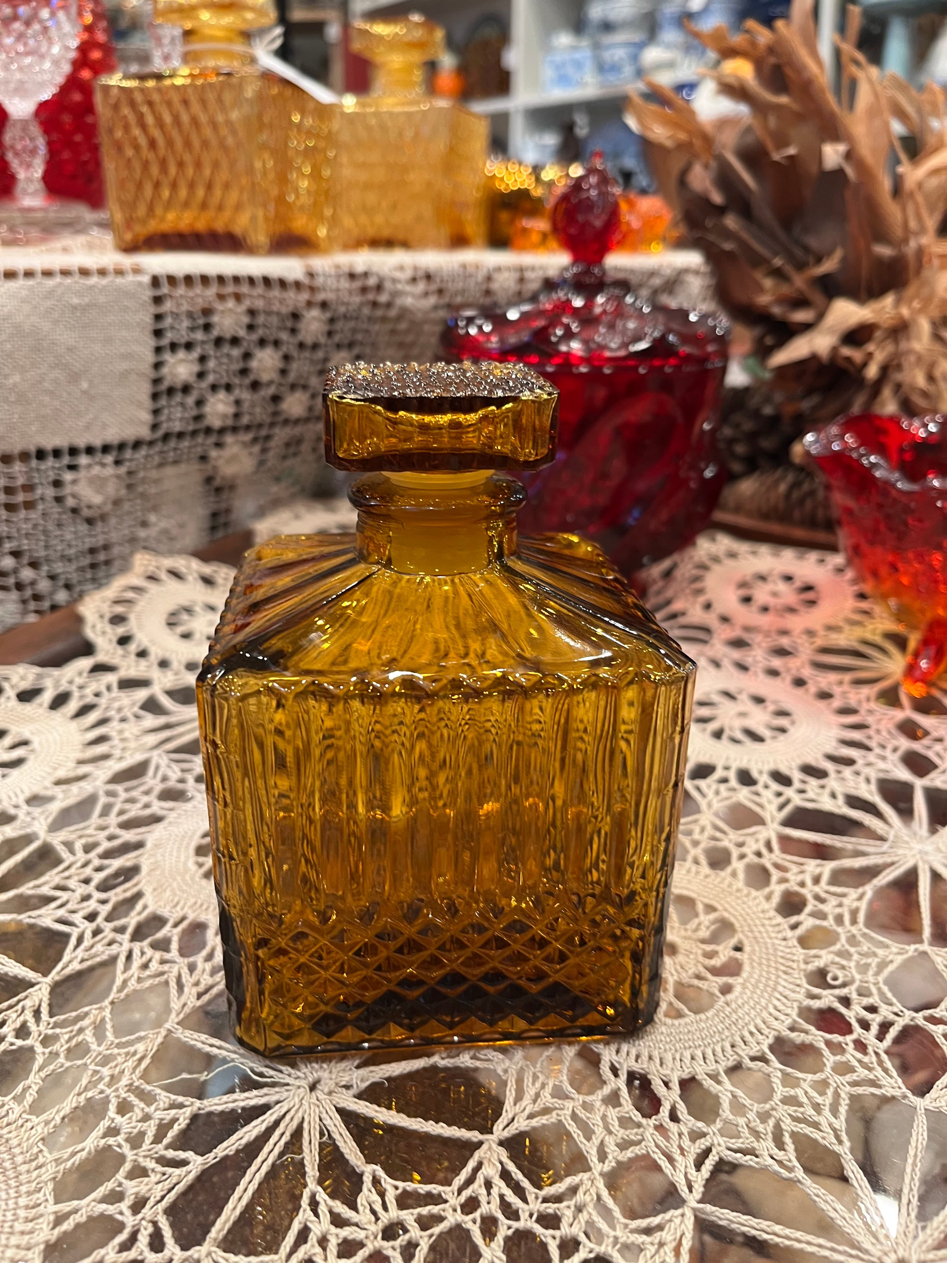 Vintage Amber Glass Square Decanter W/Stopper - Regular - Thumbnail 5