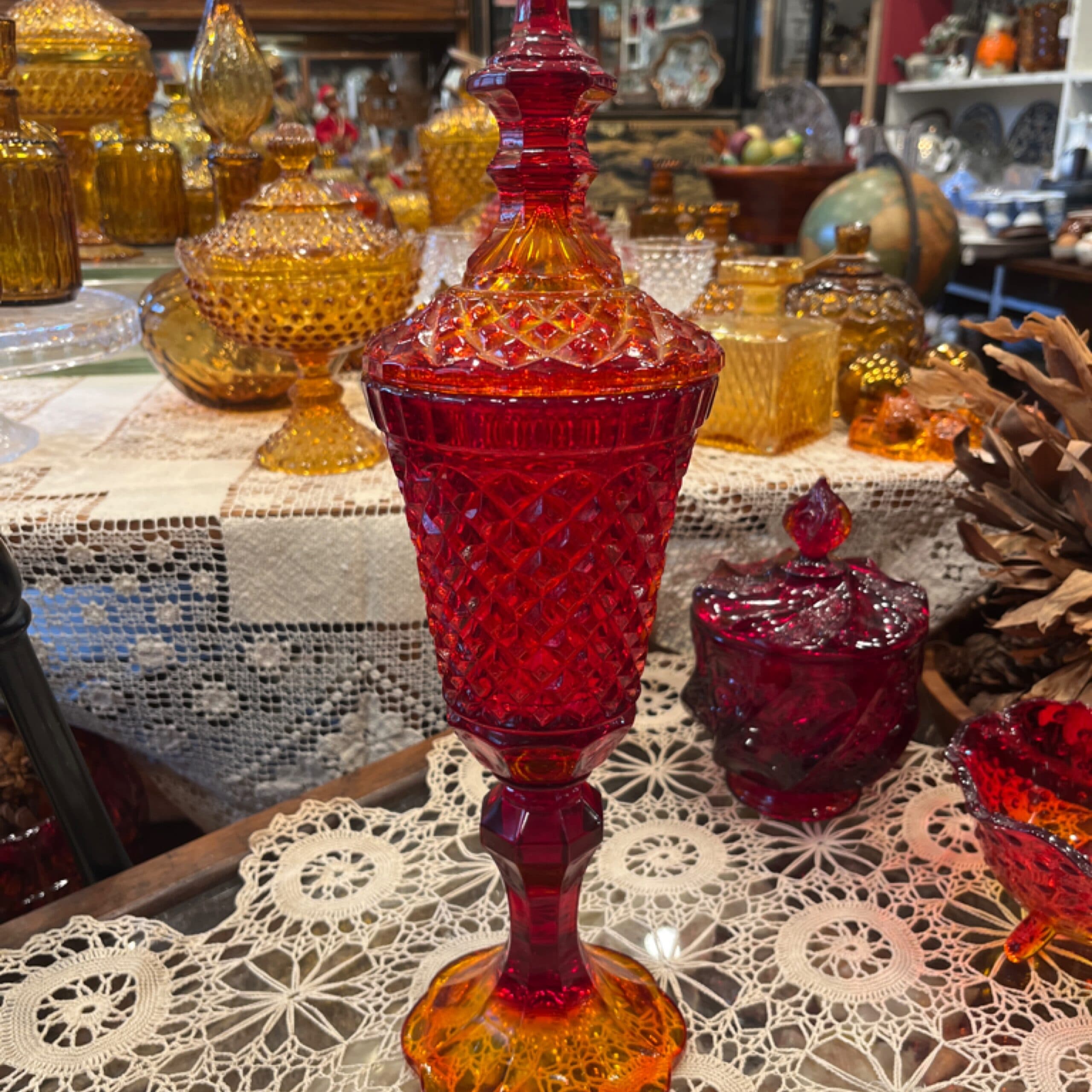 Amberina Glass Diamond Point Hobnail Covered Compote W/Lid - Regular - Thumbnail 2