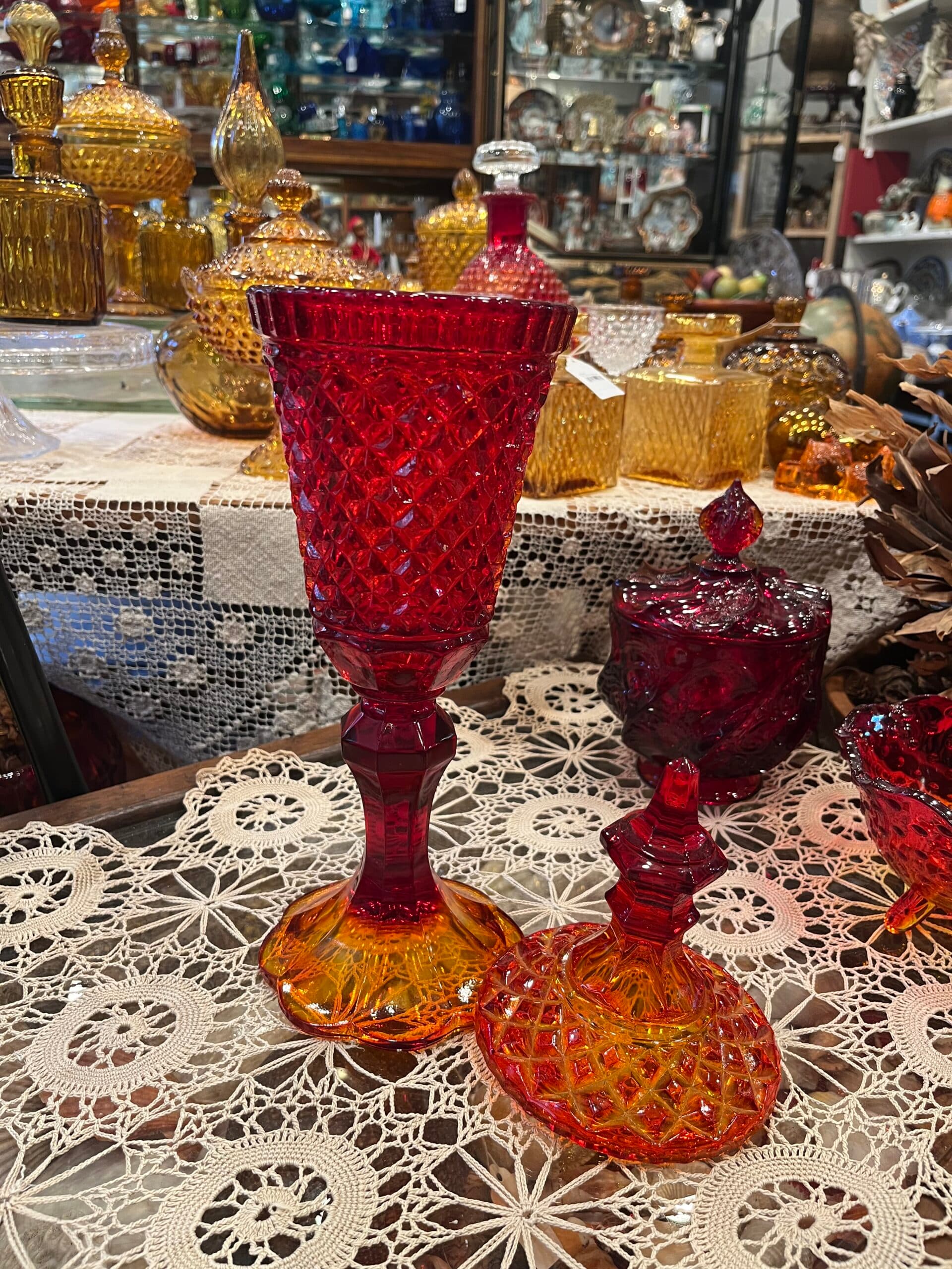 Amberina Glass Diamond Point Hobnail Covered Compote W/Lid - Regular - Thumbnail 3