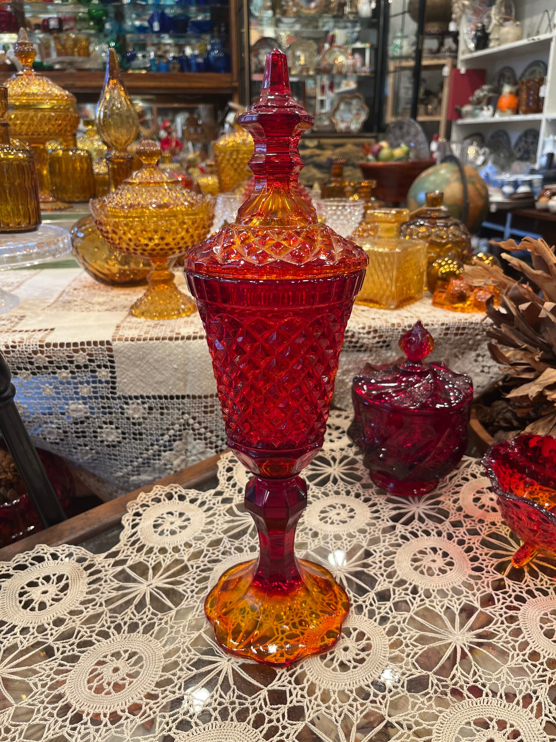 Amberina Glass Diamond Point Hobnail Covered Compote W/Lid - Regular - Thumbnail 6