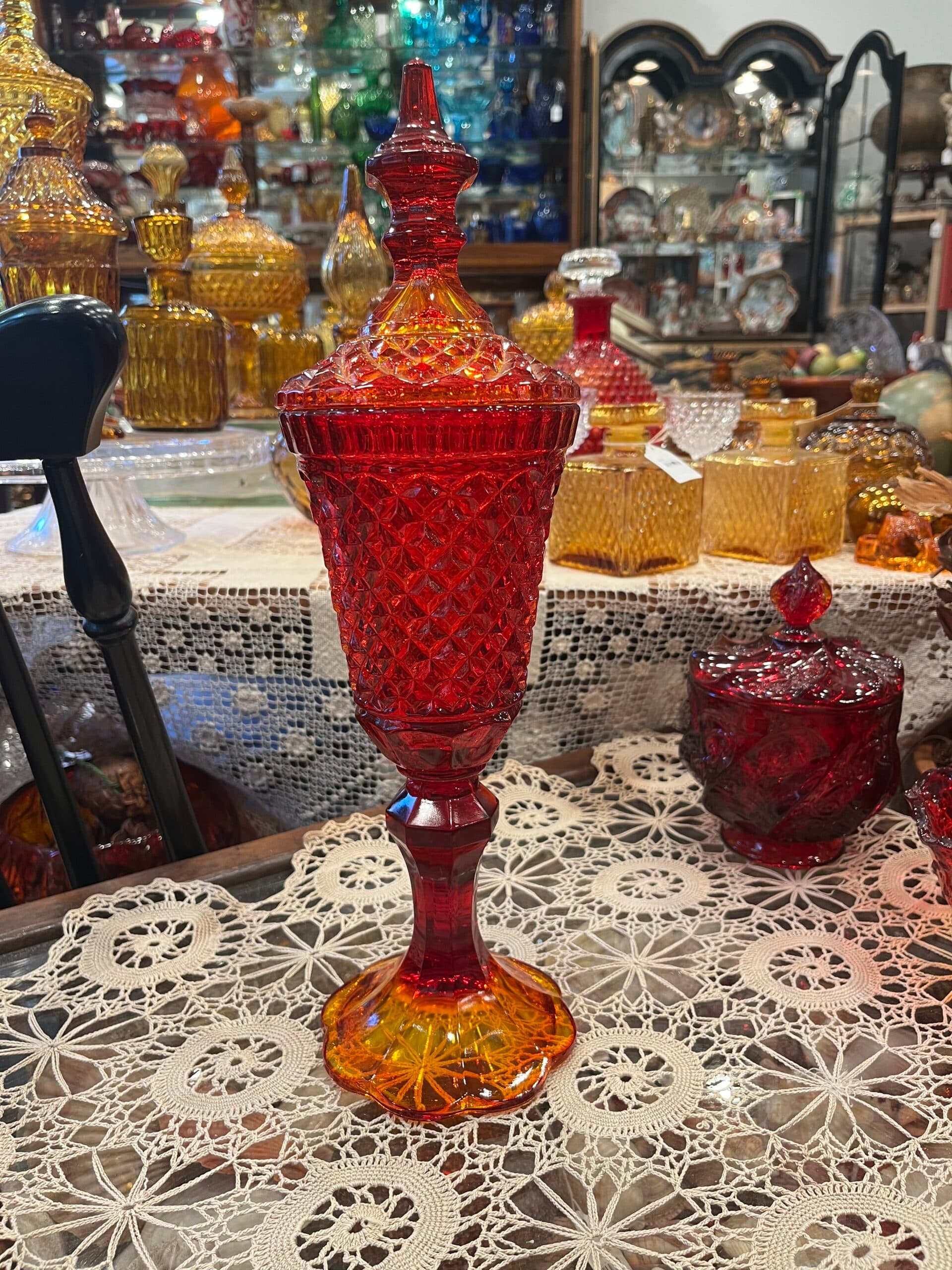 Amberina Glass Diamond Point Hobnail Covered Compote W/Lid - Regular - Thumbnail 5