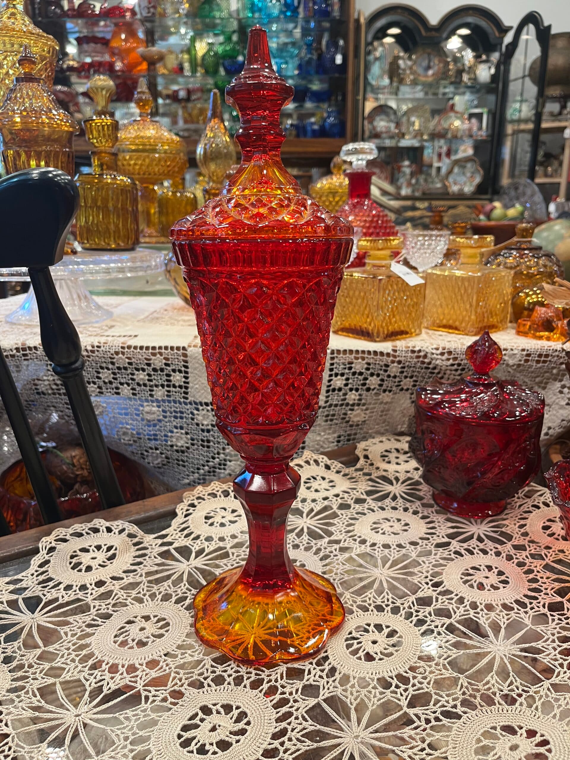 Amberina Glass Diamond Point Hobnail Covered Compote W/Lid - Regular - Thumbnail 4