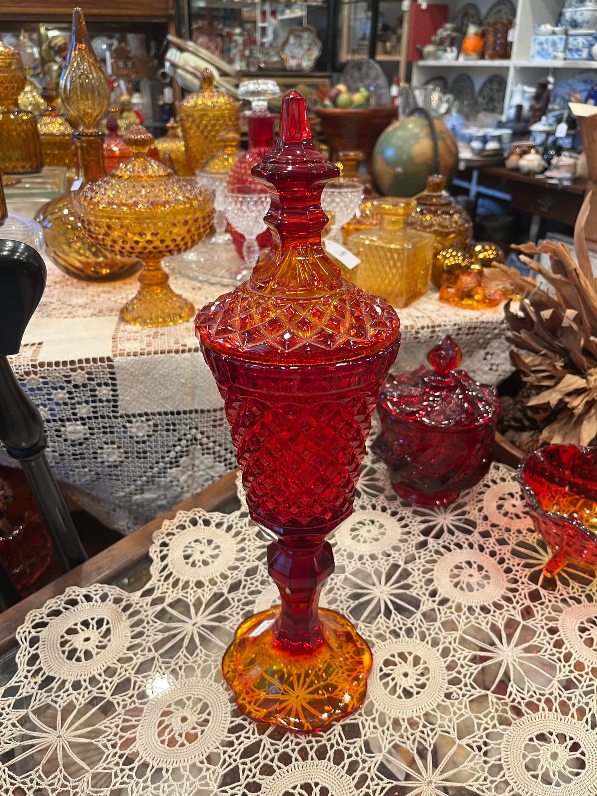Amberina Glass Diamond Point Hobnail Covered Compote W/Lid - Regular - Thumbnail 7