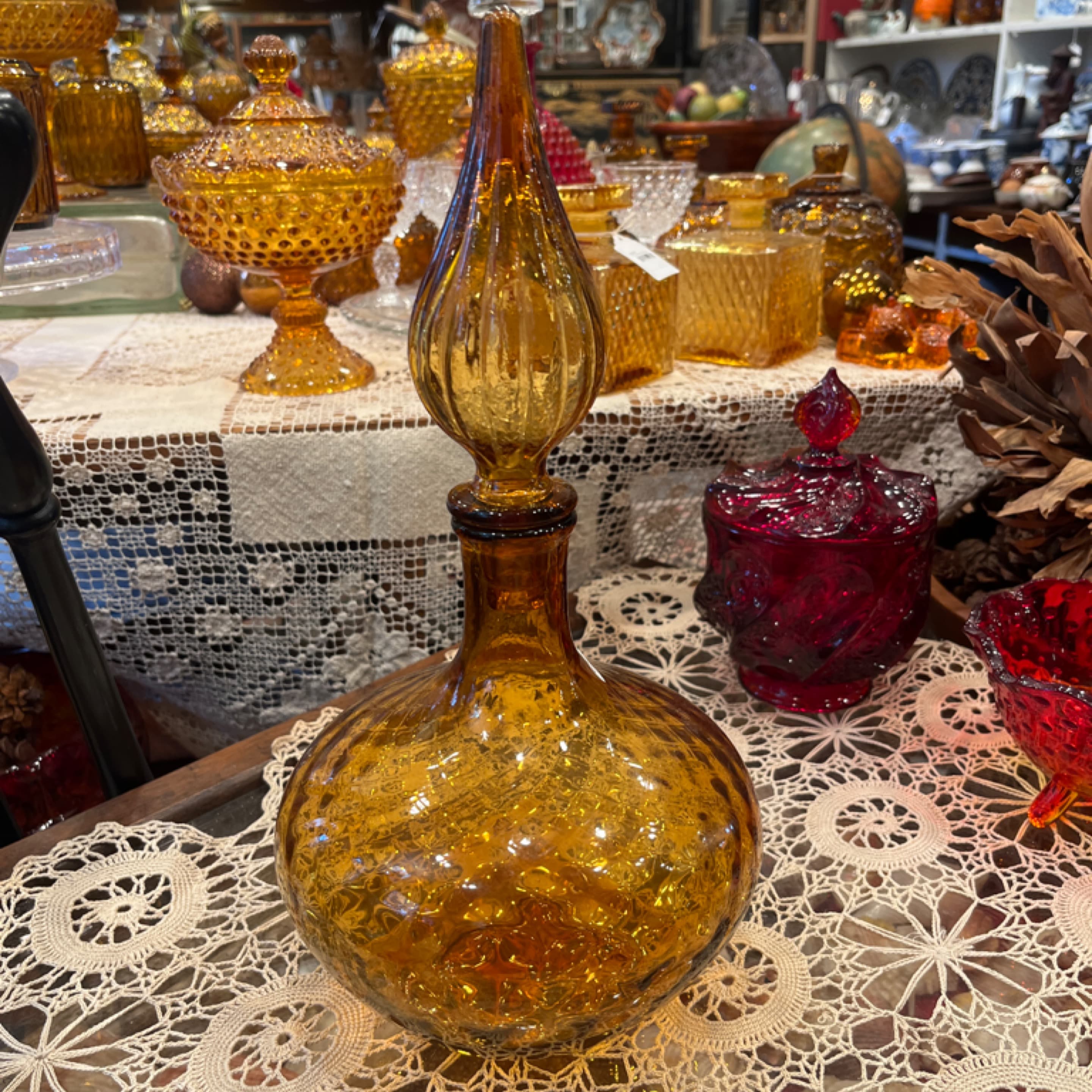 Vintage Italian Empoli Amber Glass Genie Bottle Decanter W/Stopper AS IS - Regular - Thumbnail 6