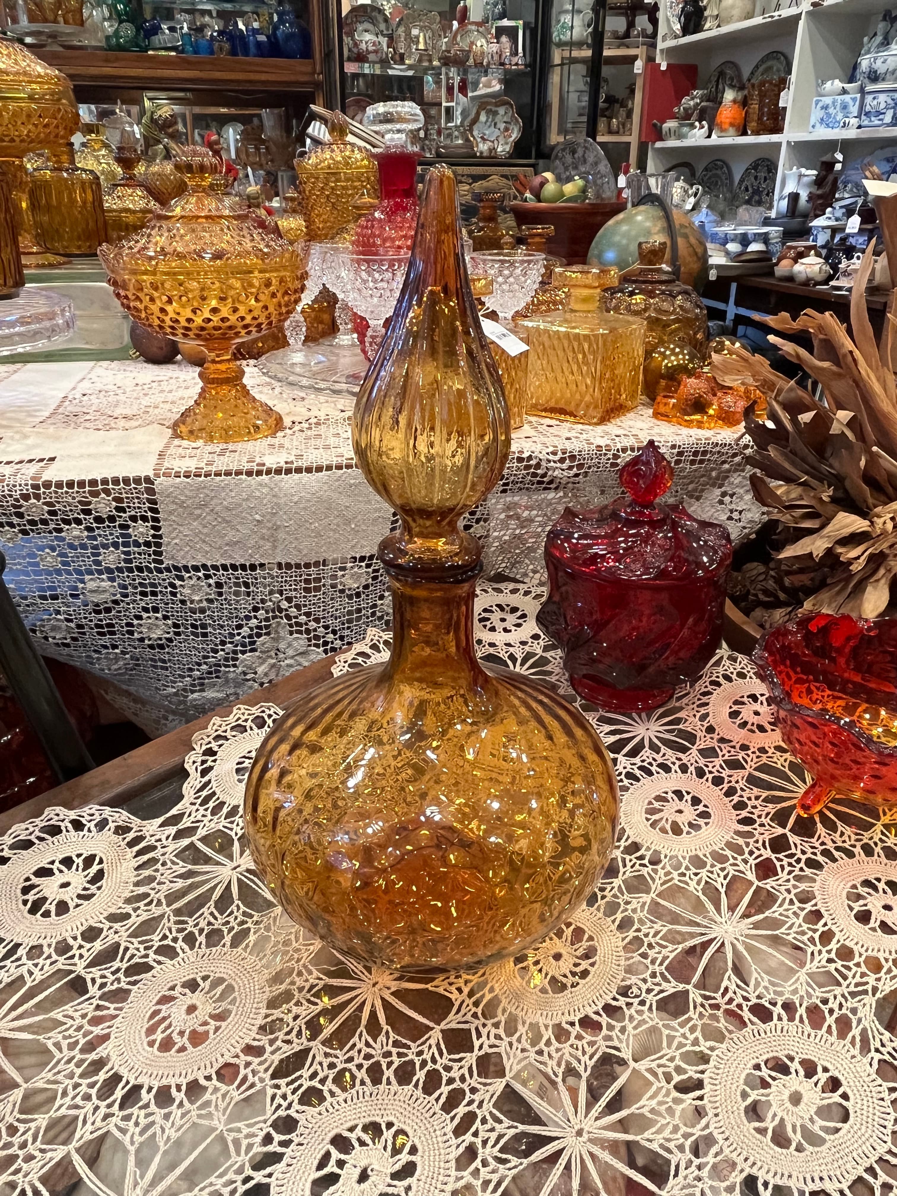 Vintage Italian Empoli Amber Glass Genie Bottle Decanter W/Stopper AS IS - Regular - Thumbnail 5