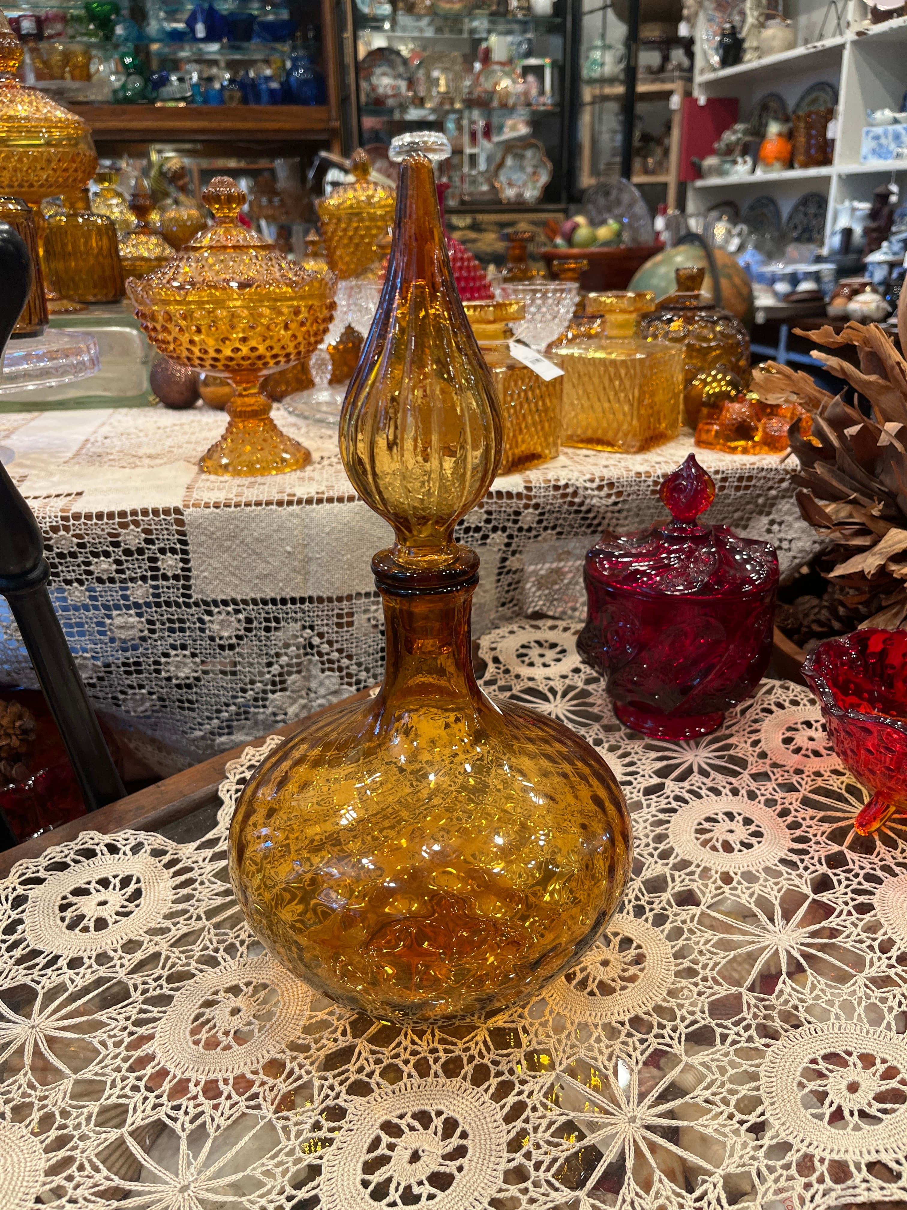 Vintage Italian Empoli Amber Glass Genie Bottle Decanter W/Stopper AS IS - Regular - Thumbnail 3