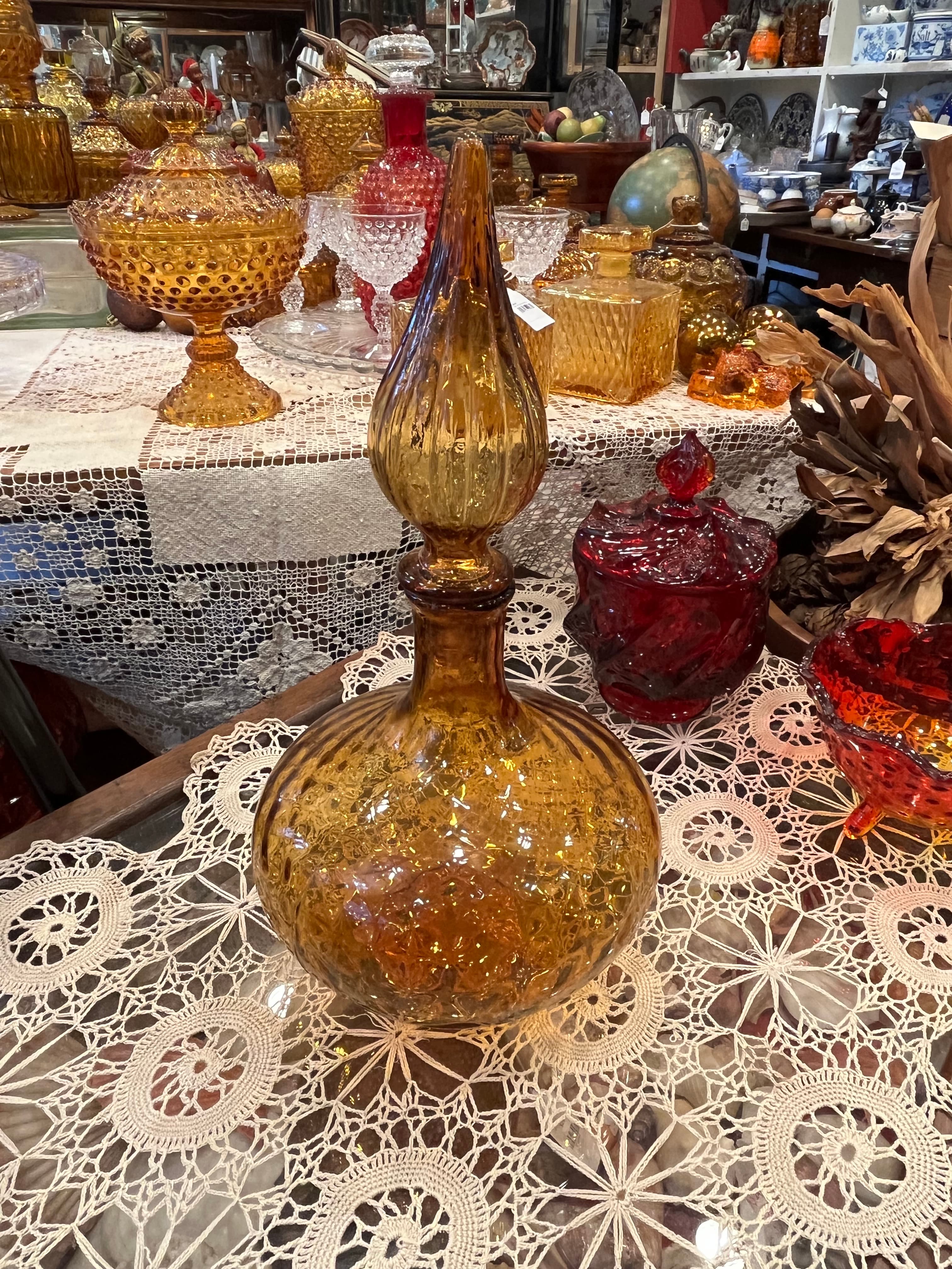Vintage Italian Empoli Amber Glass Genie Bottle Decanter W/Stopper AS IS - Regular - Thumbnail 7