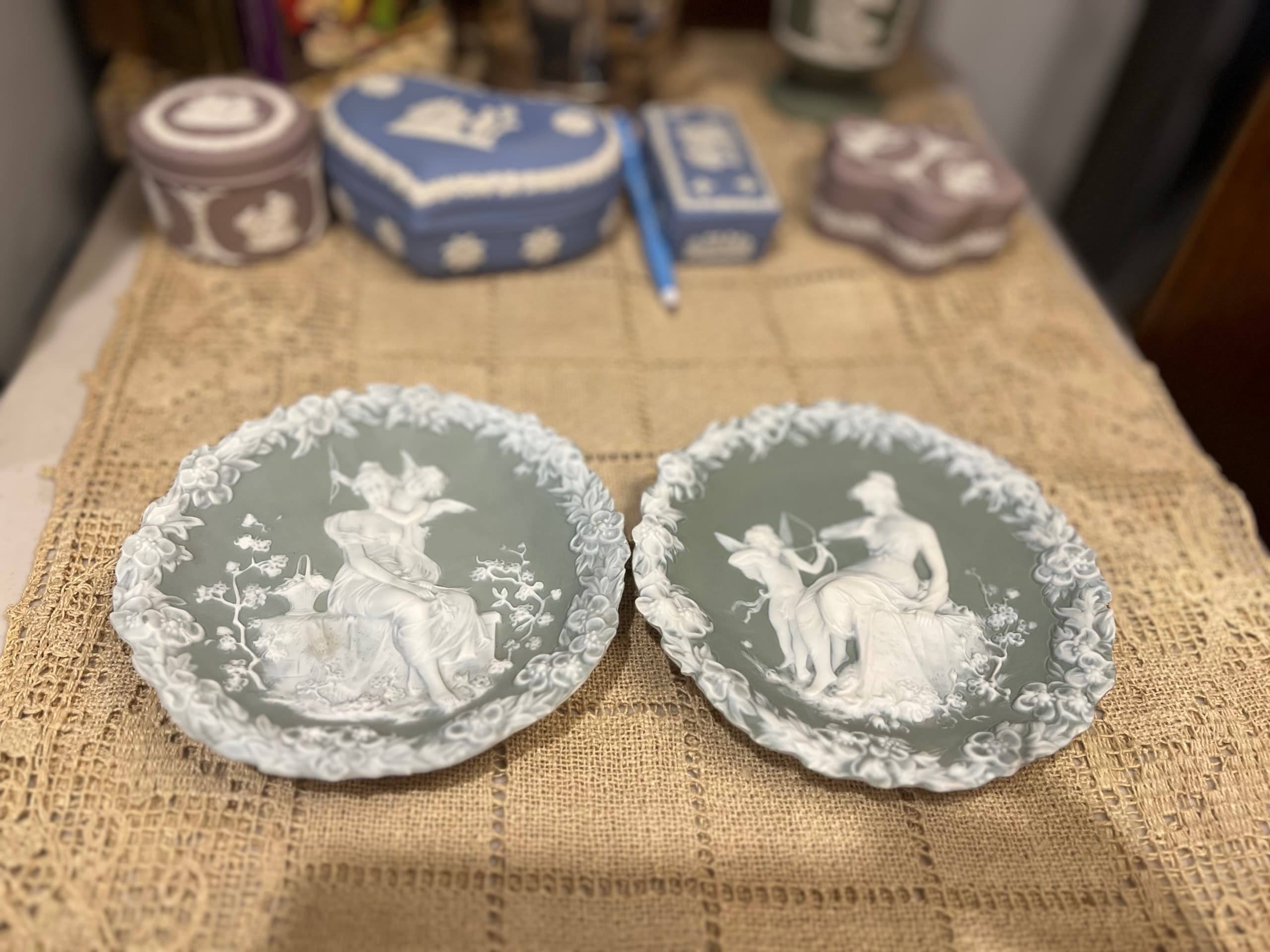 Schäfer & Vater German Jasperware Trinket Dish Pair — Sage Green with White Relief PAIR - Regular - Thumbnail 6