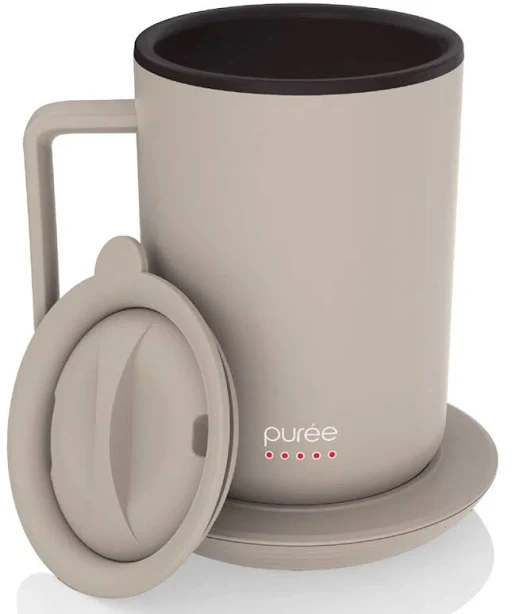 Tzumi Puree Warming Coffee Mug, 12 Oz. Stainless Steel Coffee Mug with Mug Warmer Coaster and Lid - White