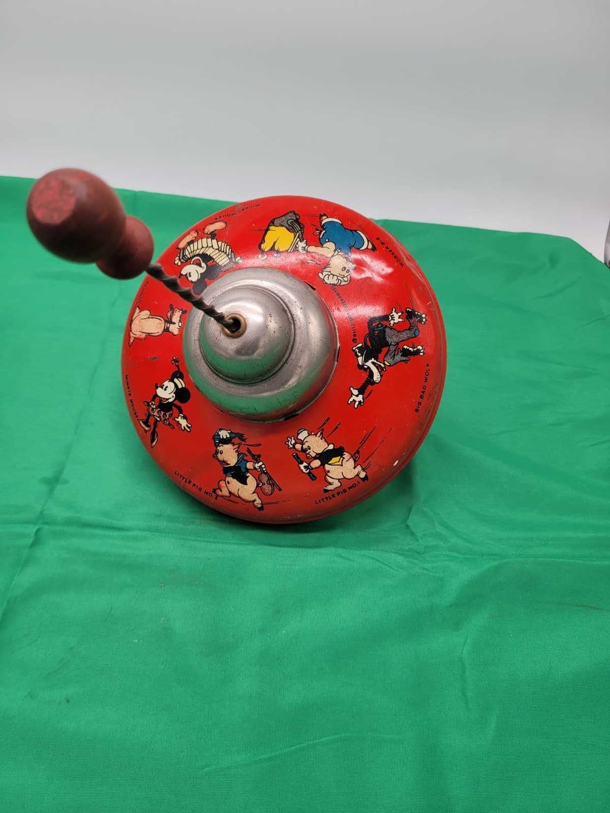 Vintage Tin Litho Humpty Dumpty Spinning Top Big Bad Wolf Nursery Rhyme Toy - Thumbnail 2