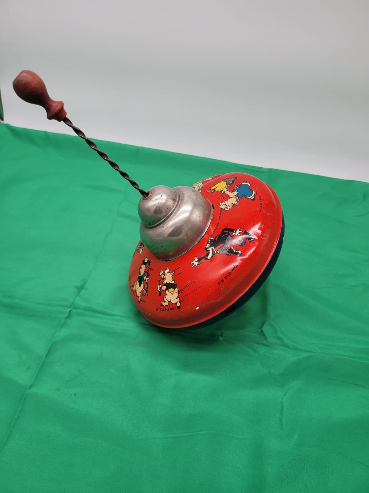Vintage Tin Litho Humpty Dumpty Spinning Top Big Bad Wolf Nursery Rhyme Toy - Thumbnail 3