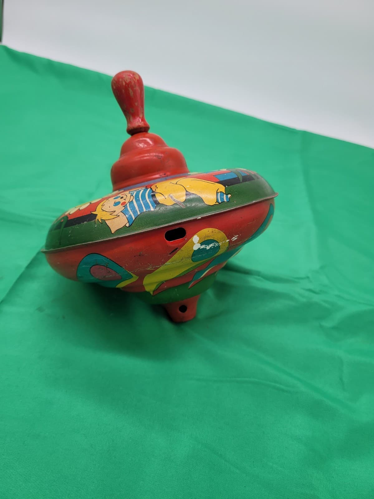 Vintage Tin Litho Spinning Top Toy Clown Flower Design Noise Maker Metal Toy - Thumbnail 6