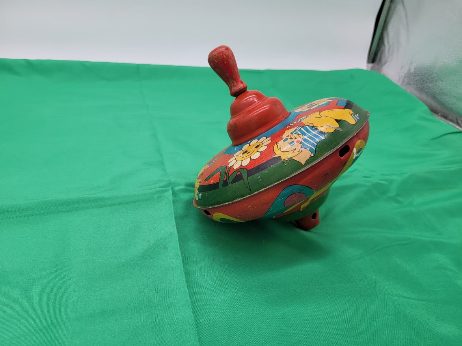 Vintage Tin Litho Spinning Top Toy Clown Flower Design Noise Maker Metal Toy - Thumbnail 2