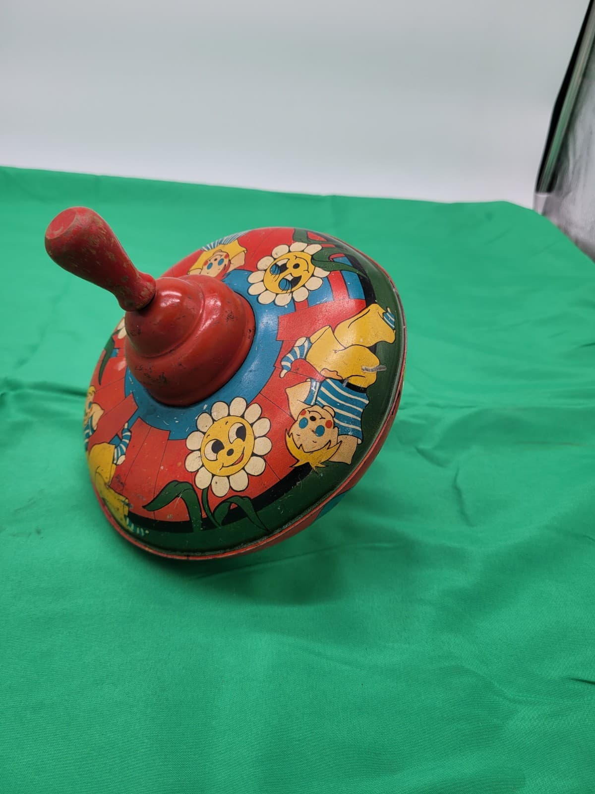 Vintage Tin Litho Spinning Top Toy Clown Flower Design Noise Maker Metal Toy - Thumbnail 3