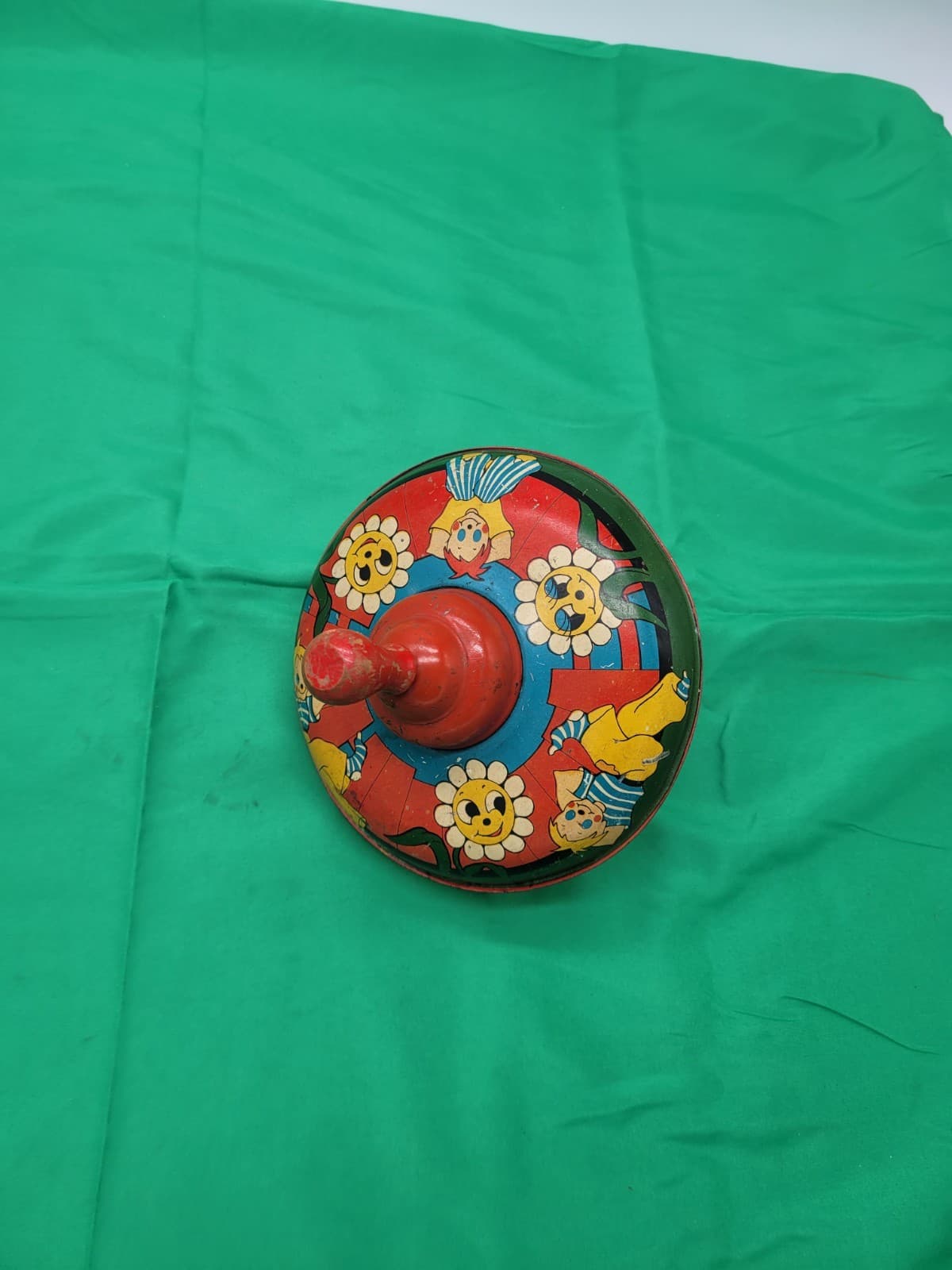 Vintage Tin Litho Spinning Top Toy Clown Flower Design Noise Maker Metal Toy - Thumbnail 4