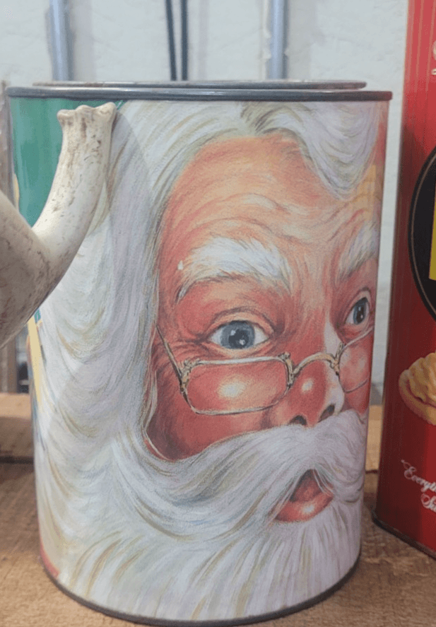 Vintage Christmas Santa Claus Tin Canister Teddy Bear Holiday Storage Container