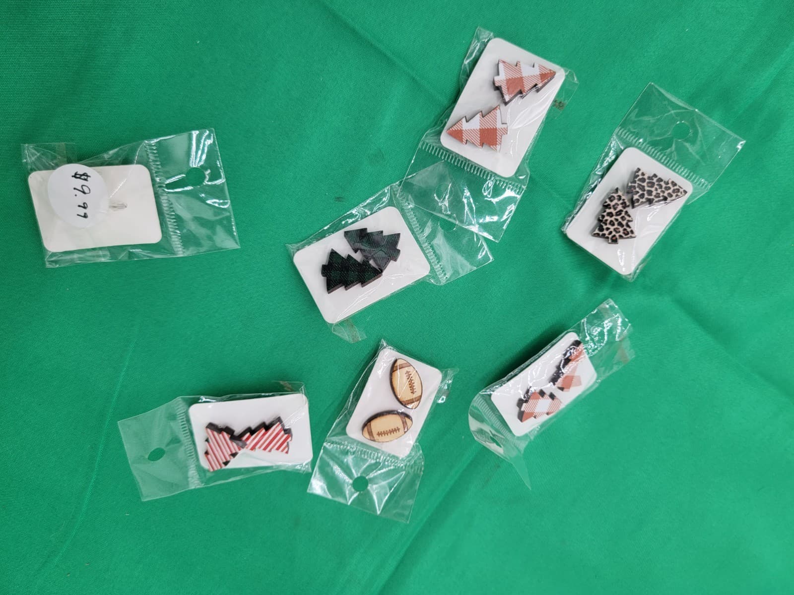 Handmade Wooden Stud Earrings Lot – Tree, Football & Plaid Designs Boho Style 6 - Thumbnail 2