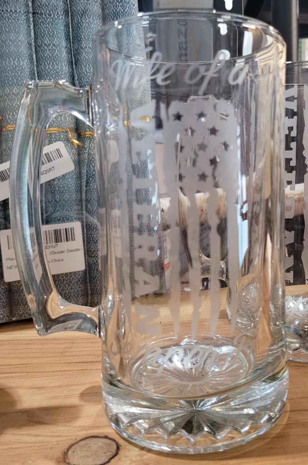 New “Wife of Veteran” American Flag Glass Beer Mug Patriotic Gift Barware