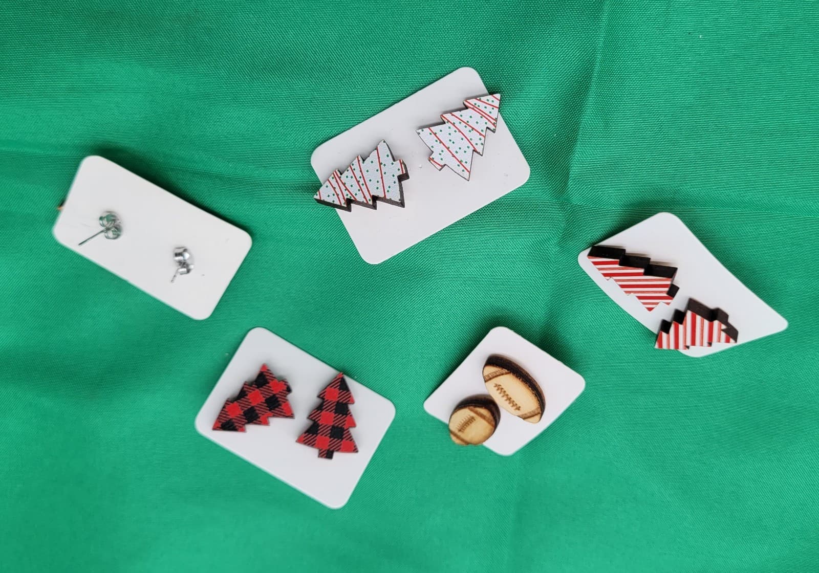 Handmade Wooden Stud Earrings Lot Christmas Tree Football Buffalo Plaid Holiday - Thumbnail 2