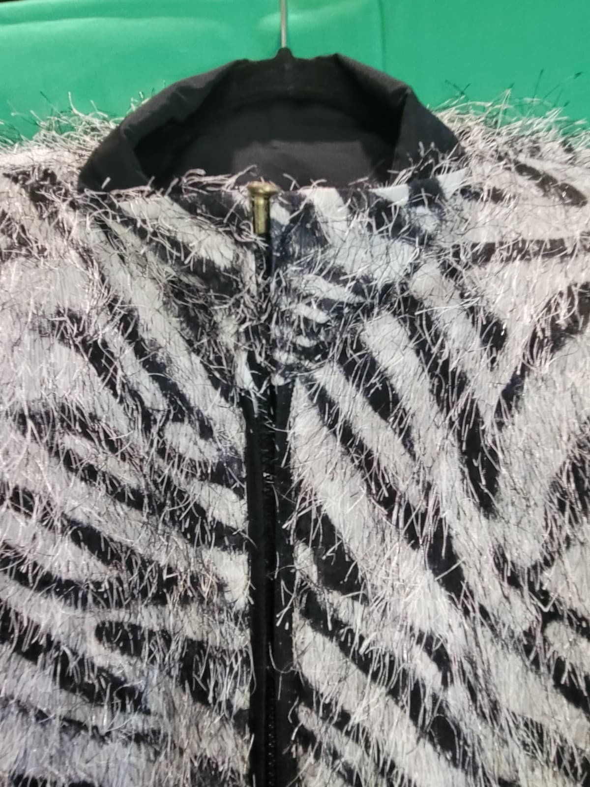 Women's Zebra Print Eyelash Knit Zip-Up Jacket Sweater – Black & White One Size - Thumbnail 4