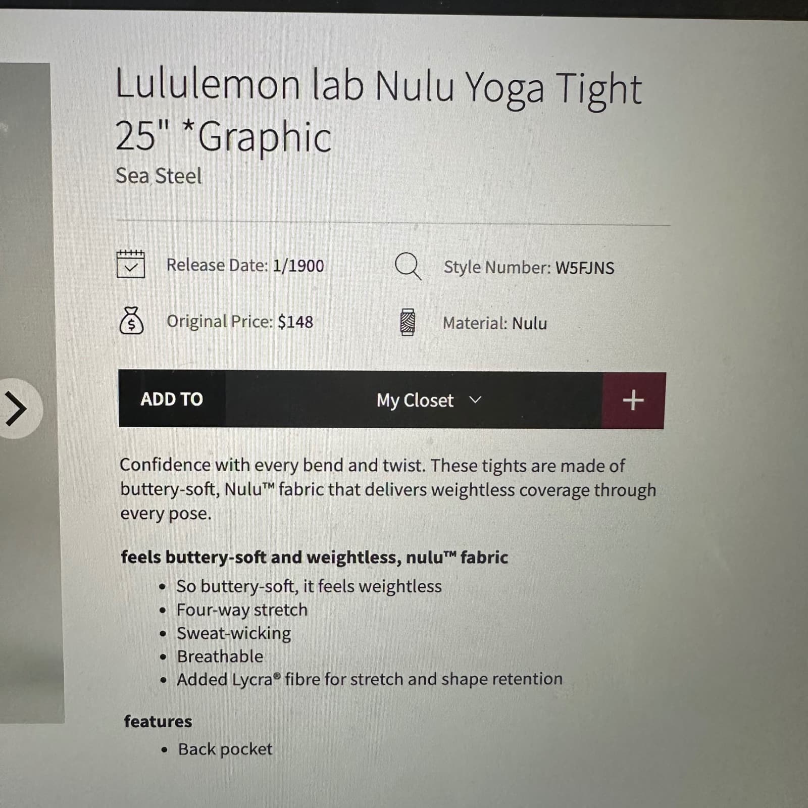 Lululemon Lab Nulu Yoga Tight 25" in Sea Steel Size 10 - Thumbnail 6