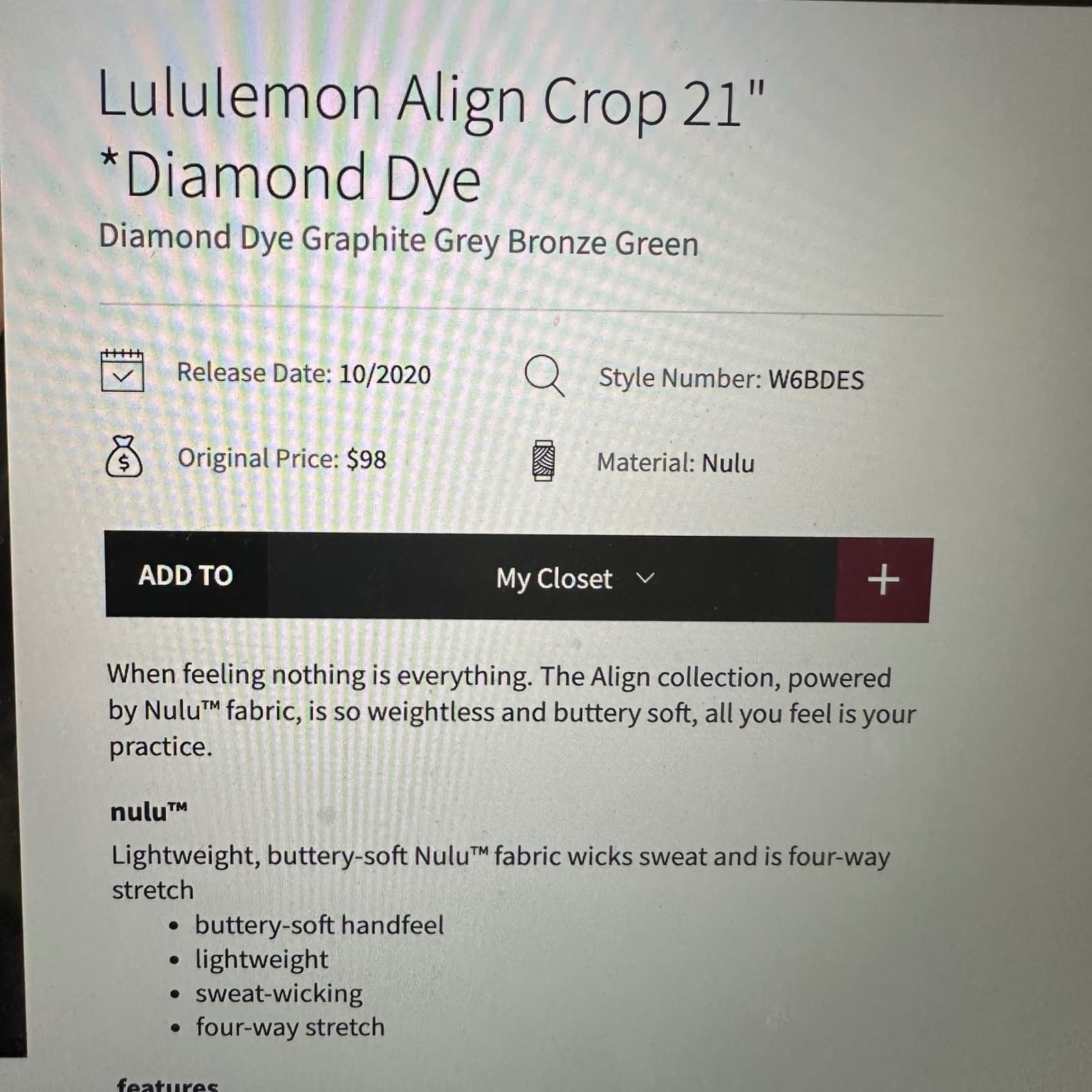 Lululemon Align Crop 21" Diamond Dye Graphite Grey Bronze Green in Size 8 - Thumbnail 6
