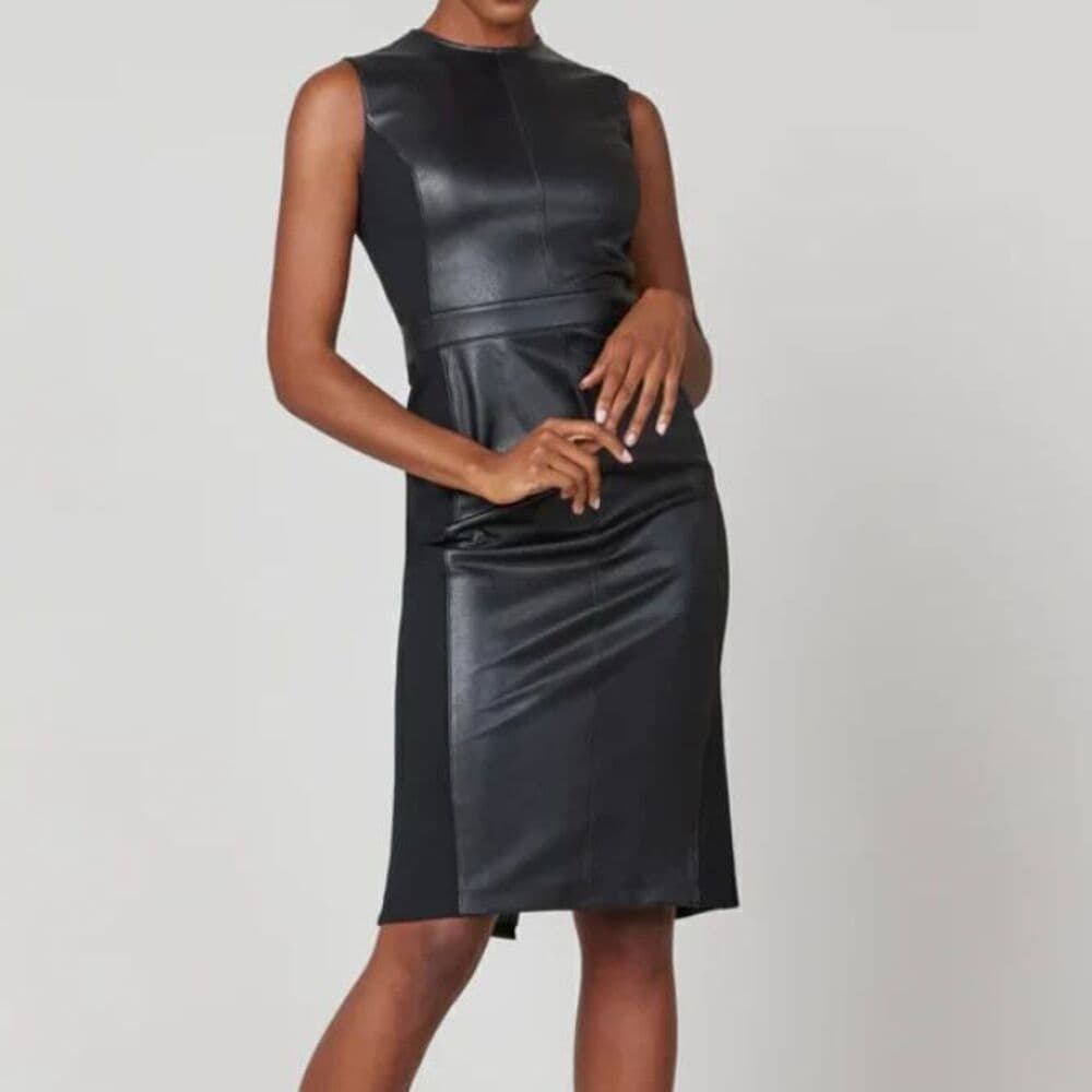 SPANX Women's Black Leather Like Sleeveless Mixed Media Sheath Dress NWT Size XL - Thumbnail 2