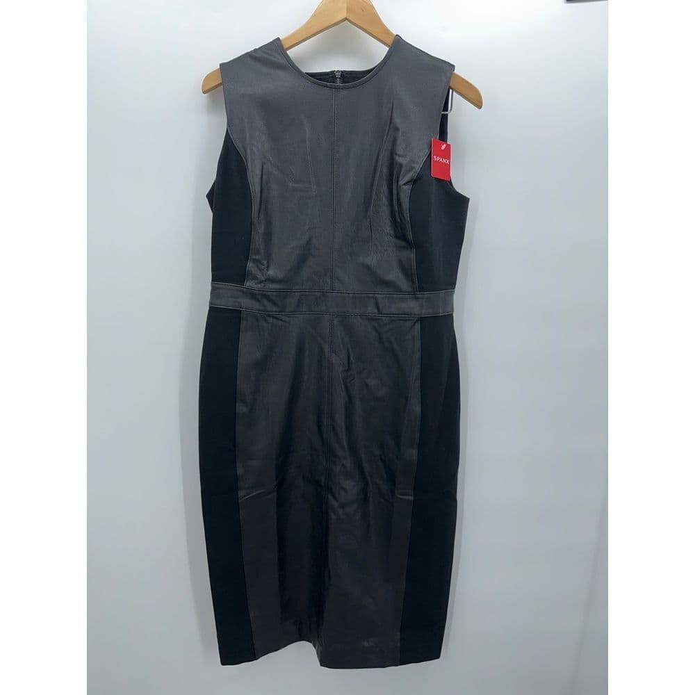 SPANX Women's Black Leather Like Sleeveless Mixed Media Sheath Dress NWT Size L - Thumbnail 3
