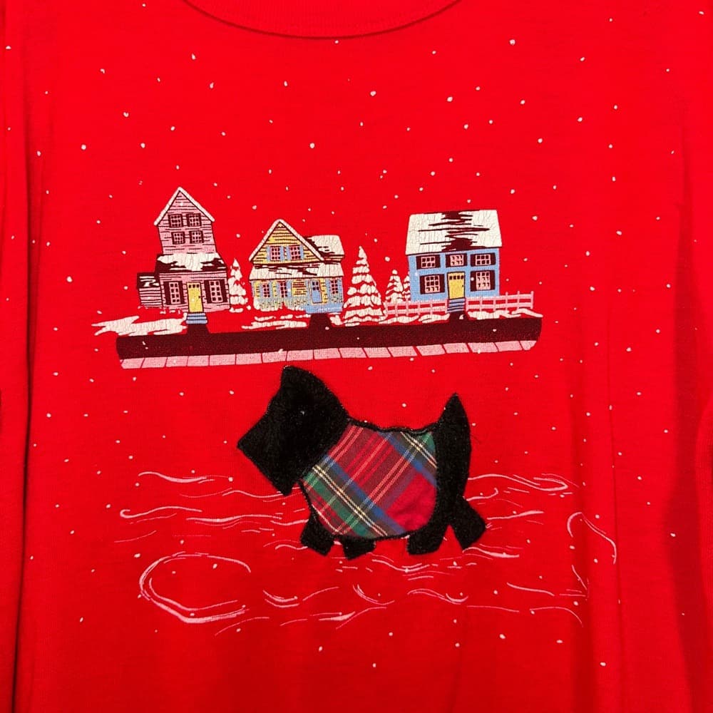 Red Long Sleeve Nightgown Cute Scottie Dog Winter Village Print Sleepshirt Women - Thumbnail 2