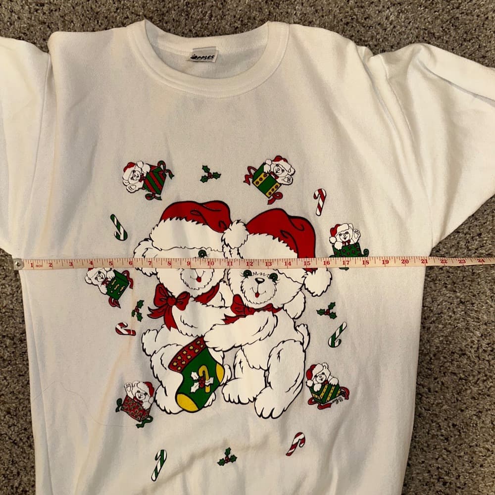 Apples Vintage Christmas Teddy Bears Sweatshirt Women's White L. Sleeve Cozy Top - Thumbnail 7