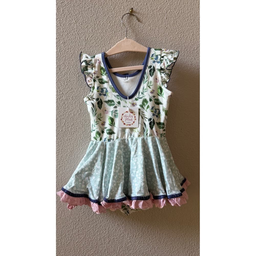 Cheeky Plum Girls Floral Flutter Sleeve Leotard Dress Pink Eyelet Trim 4T NWT - Thumbnail 2
