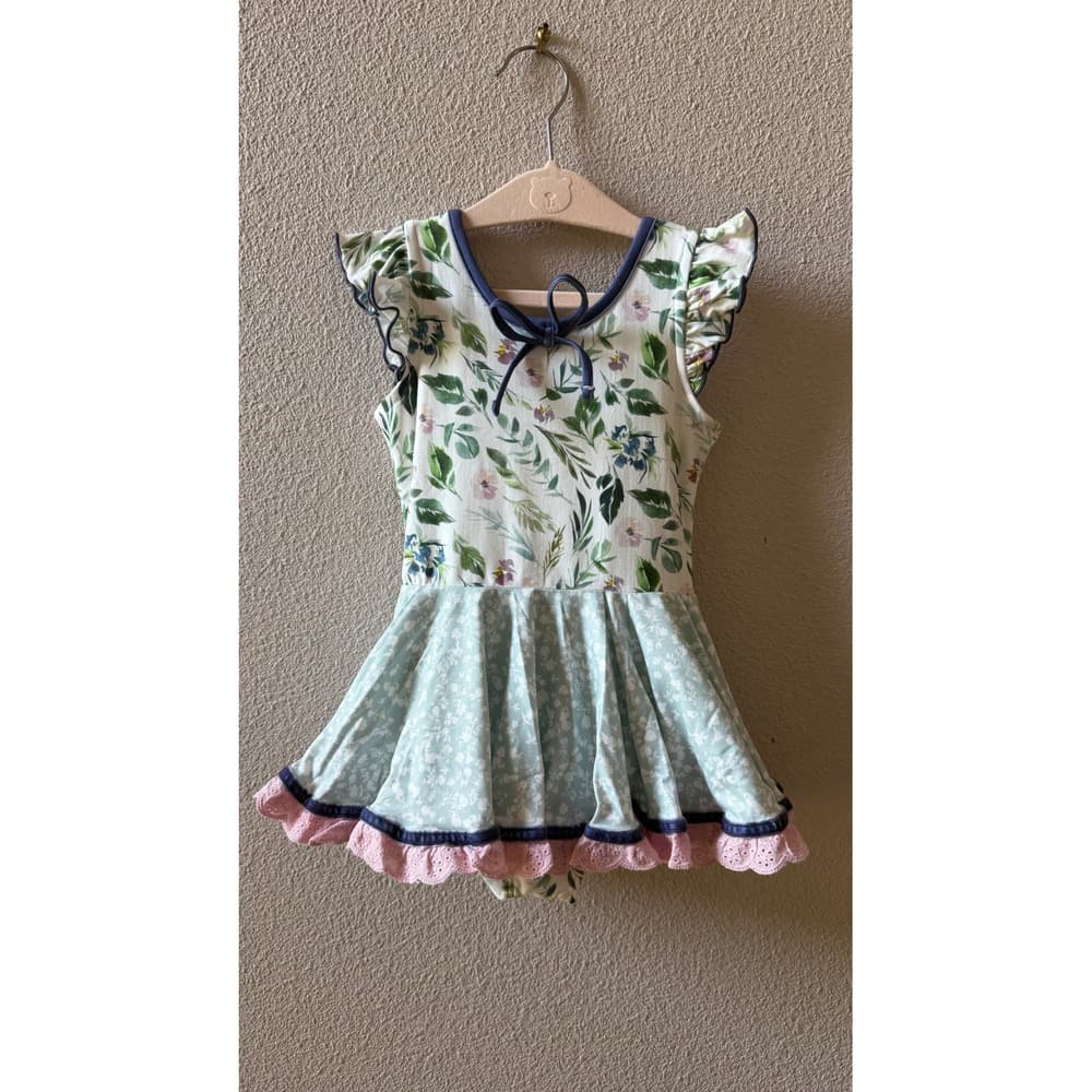 Cheeky Plum Girls Floral Flutter Sleeve Leotard Dress Pink Eyelet Trim 4T NWT