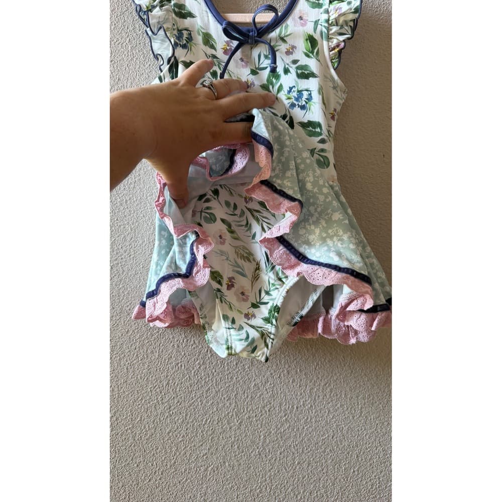 Cheeky Plum Girls Floral Flutter Sleeve Leotard Dress Pink Eyelet Trim 4T NWT - Thumbnail 4