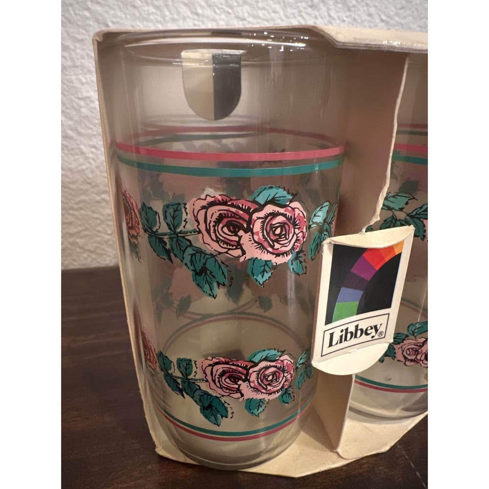 Vintage Libbey Pink Rose Floral Glass Tumbler Set 4 Piece 13oz Retro Drinkware - Thumbnail 5